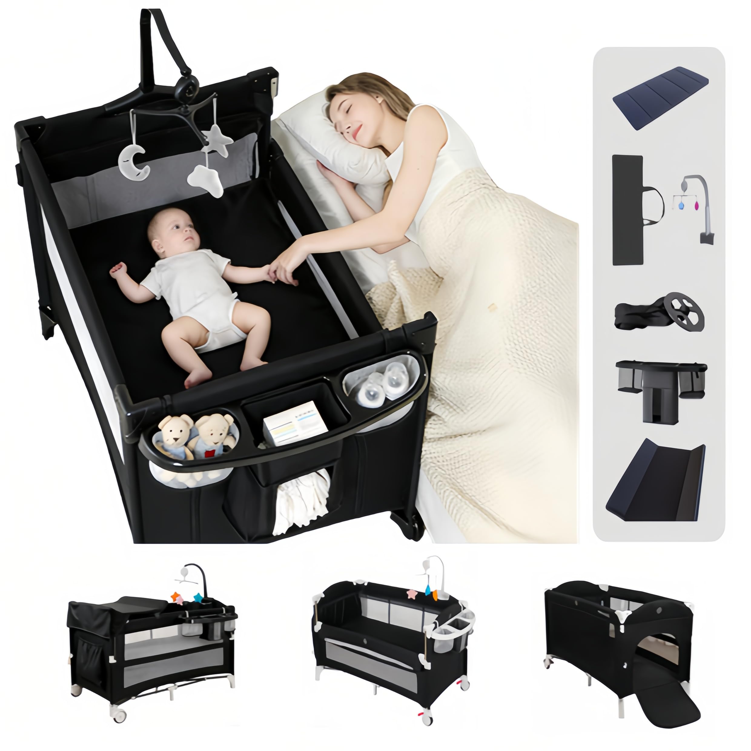 Łóżeczko podróżne dla niemowląt Pack and Play, składane i rozkładane łóżeczko dla niemowląt, regulowane łóżeczko dziecięce z moskitierą (czarne, bez siatki)