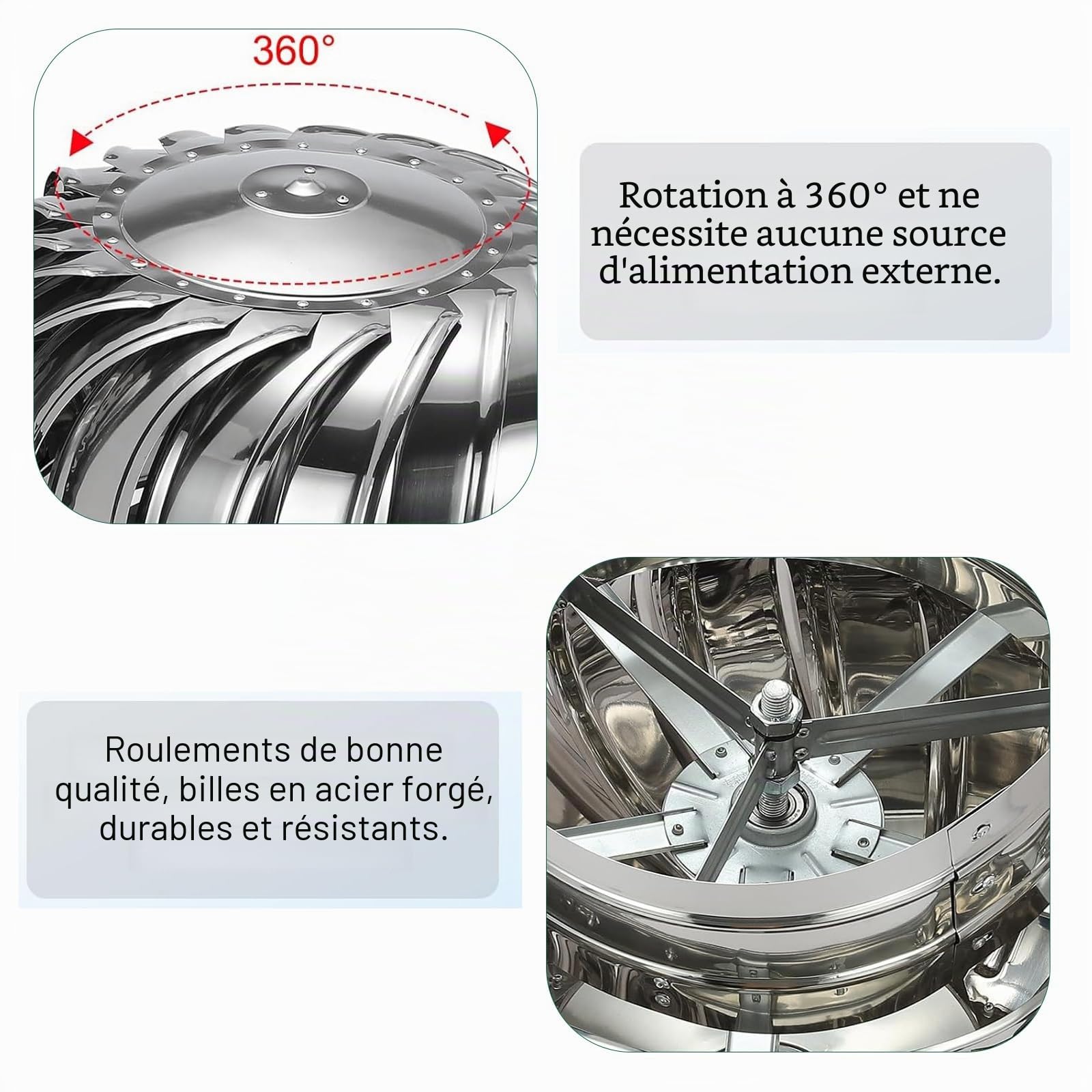 Ventilation Turbine 4 Pouces, Chapeau de cheminée 100 mm en Acier Inoxydable 304, Ventilation Turbine rotative, aérateur de toiture, Ventilation de toiture, Ventilation de toiture Tous Temps