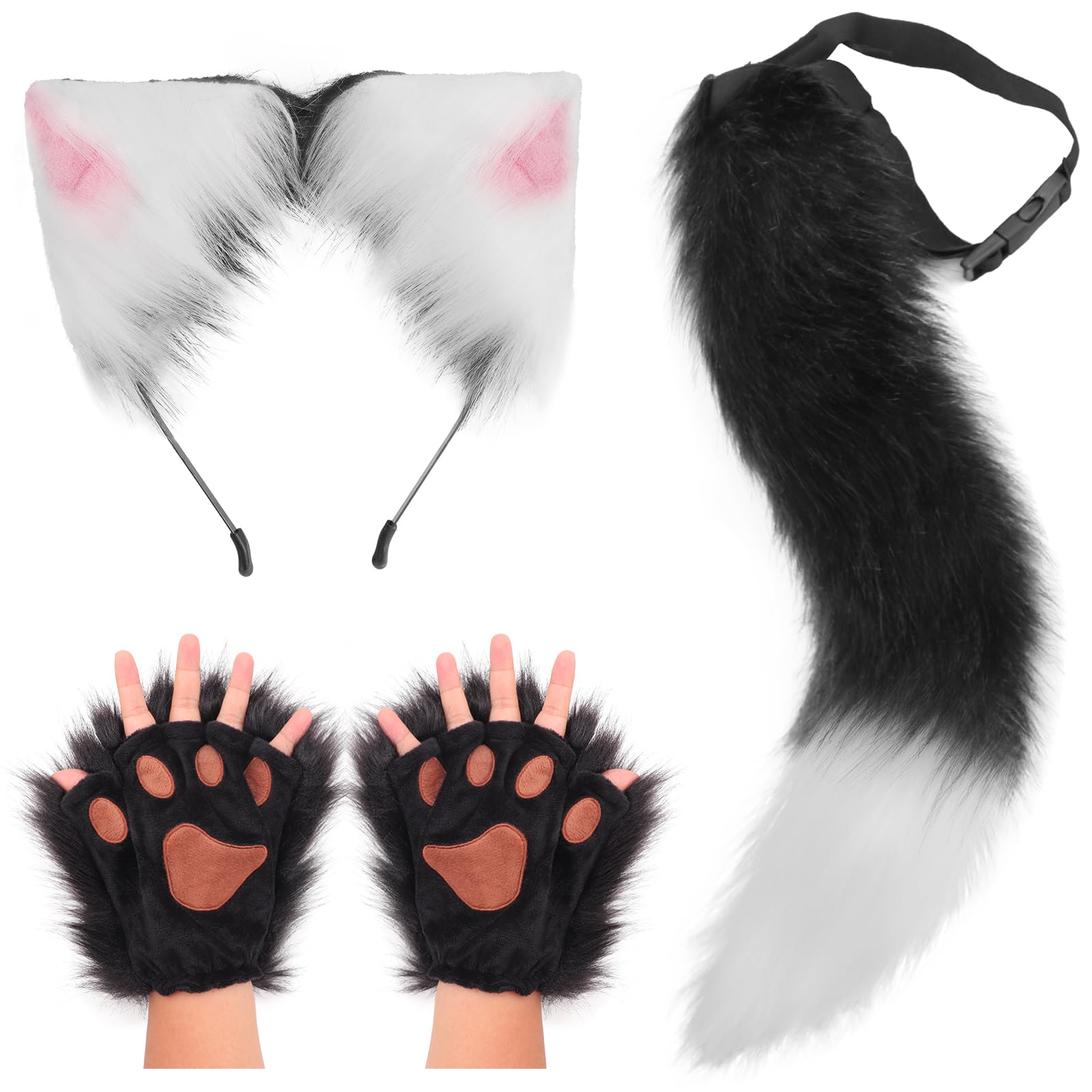 DRESHOW Wolf Fox Fur Tail Ears Headband and Gloves Set Cosplay Party Costume Super Huge Fluffy Tail for Women