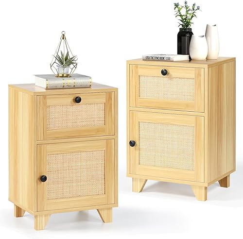 Miniatura 1 de Juego de 2 mesitas de noche mesa auxiliar con puertas decoradas de ratán hechas a mano mesa auxiliar moderna con cajón de almacenamiento de ratán y