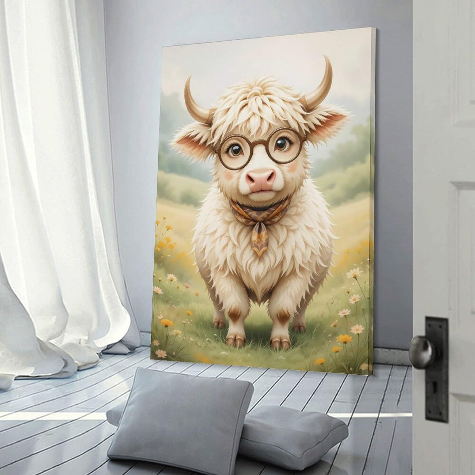 Junmoney Frame-Style-2 Adorable Fluffy Highland Cow Wearing Round Glasses And Patterned Scarf Canvas Wall Decor, 20X30inch(50X75cm), For Wall Displays, Bedrooms Or Room Updates, Wall Decor Suited To Curated Displays