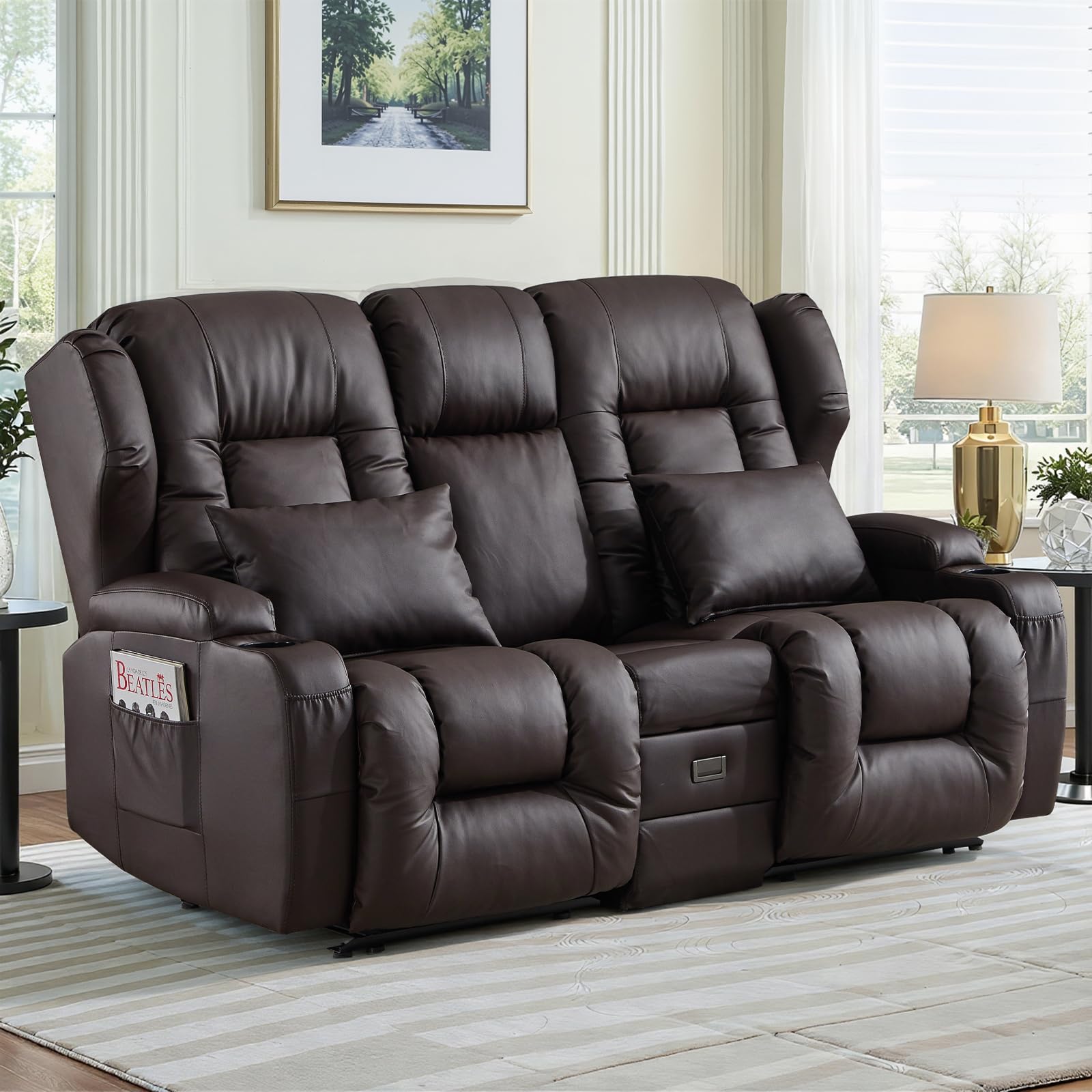 Kinosessel 2-Sitzer manuell, Relaxsessel mit Liegefunktion & Getränkehalter, Doppel-Fernsehsessel Relaxsofa verstellbar mit Klappkonsole, Heimkino Sofa Zweisitzer für Wohnzimmer, Kunstleder