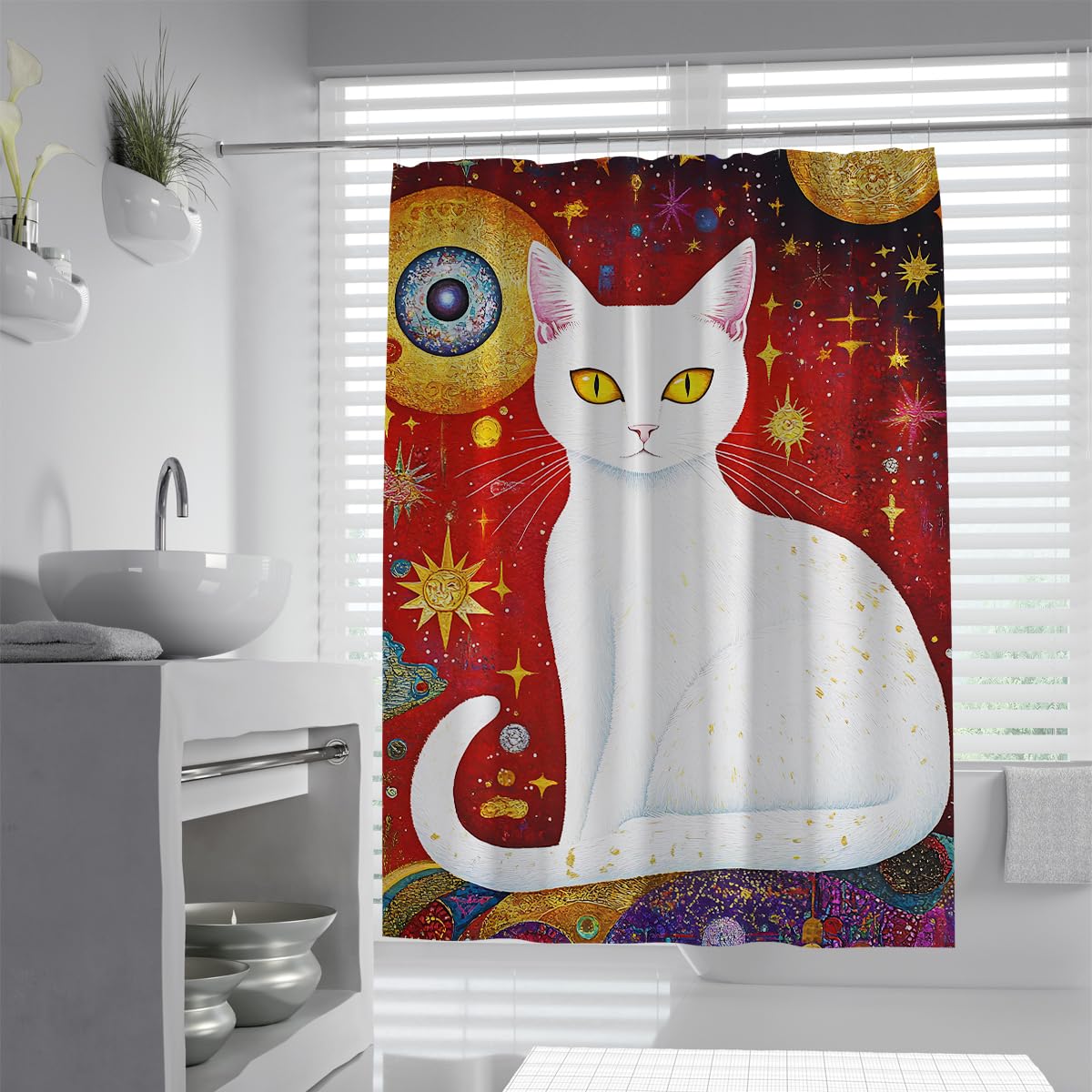 UIRINGART Cat Shower Curtains W180xL220cm Abstract White Feline Space Red Background Golden Stars Moon Waterproof Mould Resistant Washable Fabric Bath Curtain Bathroom Decoration with Hooks