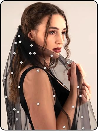 Black Pearl Veil 1 Tier Pencil Edge Wedding Bridal Tulle Veil with Comb Mourning Halloween Veils for Women 23.6