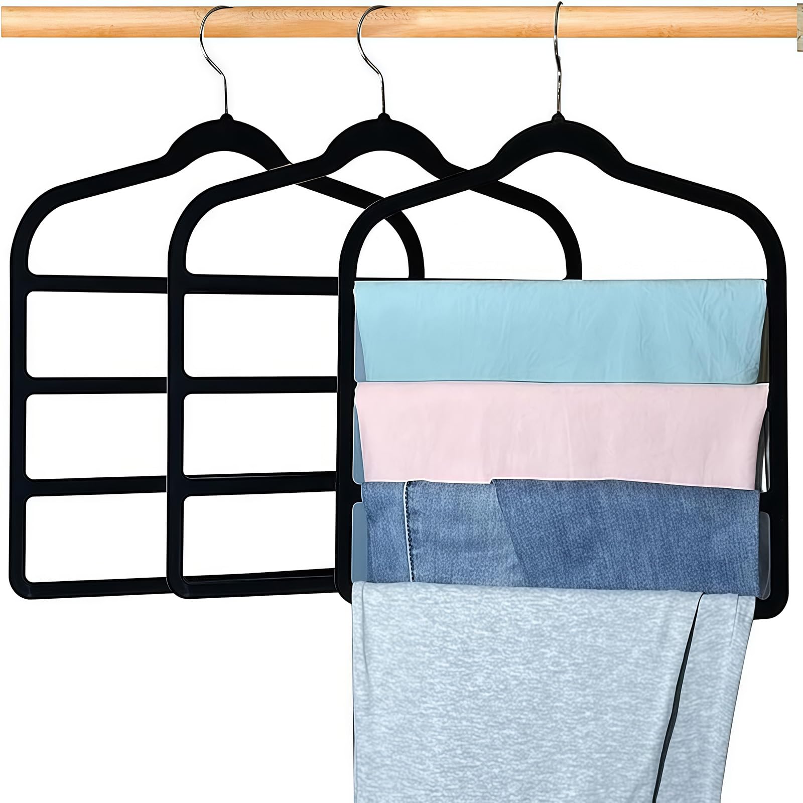 Apaichang Girls Black Trouser Hanger Space Saving Clothes Hanger For Closet Storage Organizer Multi Velvet Non-Slip Hangers With 4 Layers Slacks For Scarf Bar Belts Ties Towel Pants Rack Leggings Hanger