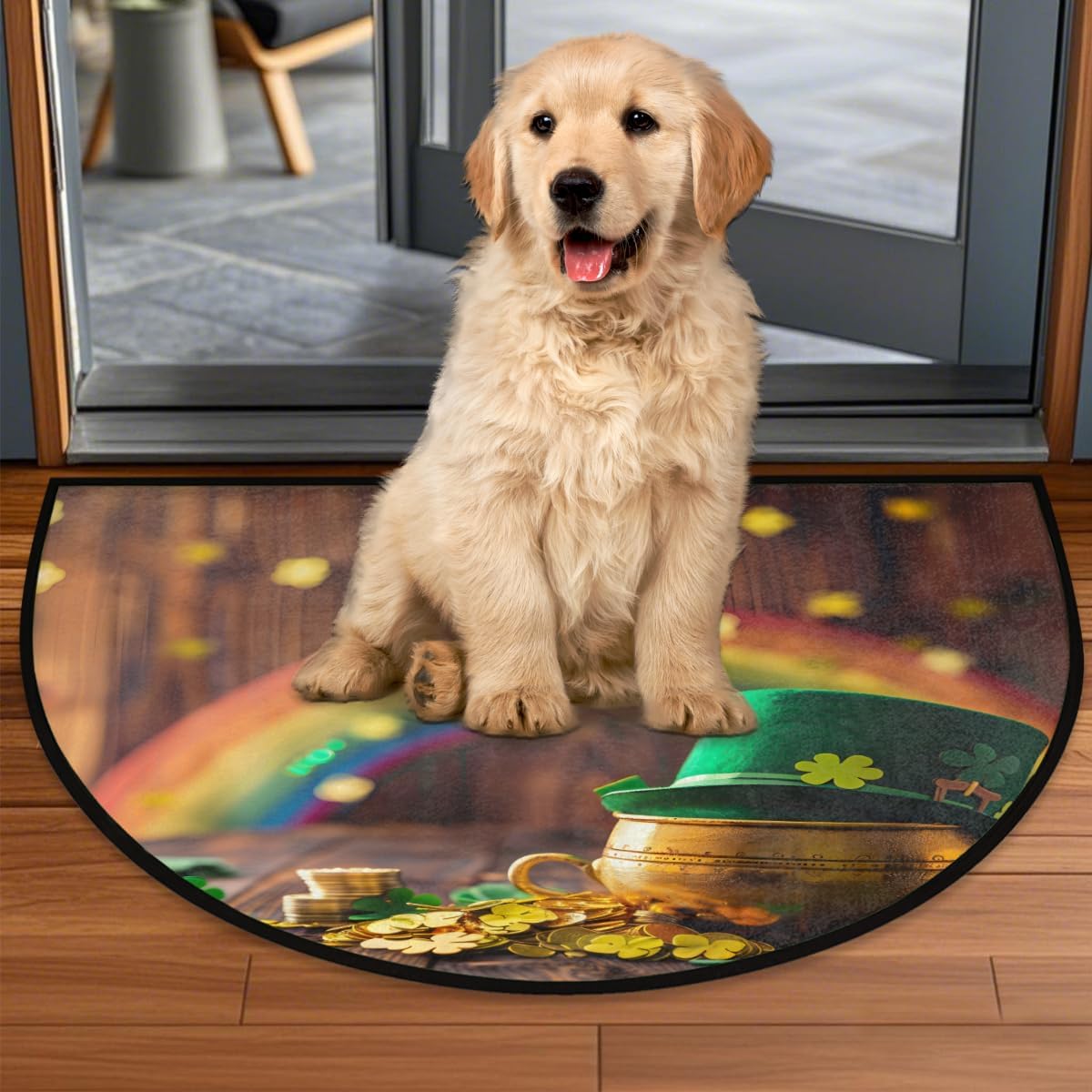 Front Door Mat Indoor Outdoor Entrance, St. Patrick's Day Clover Wood Half Round Door Mat Absorbent Non-Slip Backing Welcome Doormat Entryway Floor Mats for Kitchen Fireplace 36" x 24"