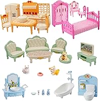 Vista 6 de Casa de muñecas, con sala de estar, dormitorio, baño, muebles de cocina, casa de muñecas de doble cara con 1 muñeca, 3 juegos de ropa, luces