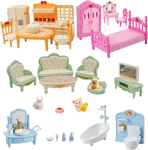 Miniatura 6 de Casa de muñecas, con sala de estar, dormitorio, baño, muebles de cocina, casa de muñecas de doble cara con 1 muñeca, 3 juegos de ropa, luces, Casa