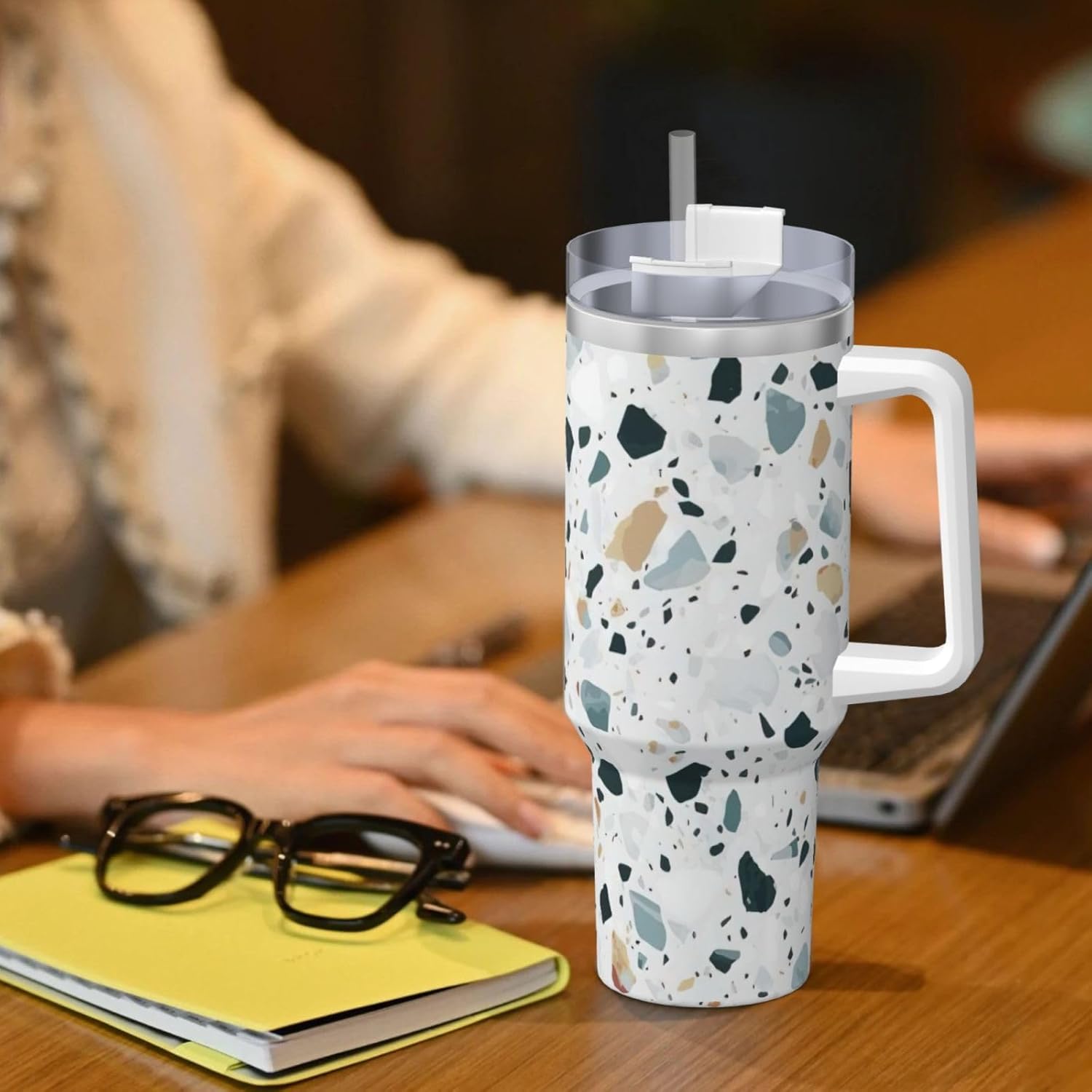 40 OZ Terrazzo Marble Pastel Print Ice Bully Cup with Handle Straw Lid Straw,Stainless Steel Tumbler Coffee Cup