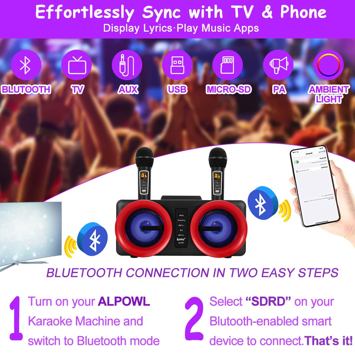 �Upgraded Version】Karaoke Machine, ALPOWL Portable PA Speaker System with Colorful Gradient LED Lights and 2 Karaoke Microphones for Home Party, Wedding, Church, Picnic, Outdoor/Indoor (Black)