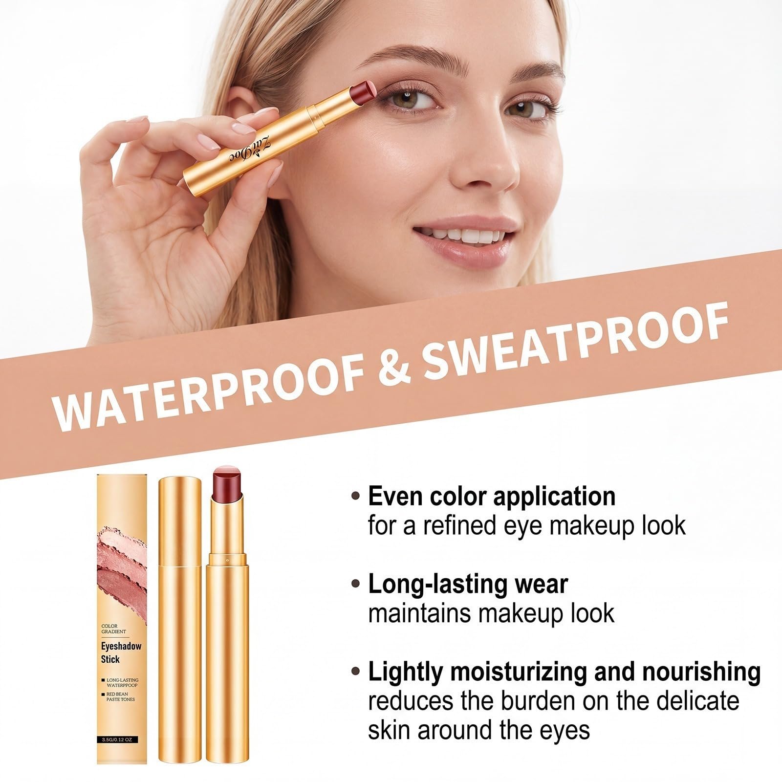 Stick Fard à Paupières Gradient 3-en-1 - Fard à Paupières Stick Longue Tenue, Waterproof, Effet Pailleté Rose, Teinte Rouge Haricot