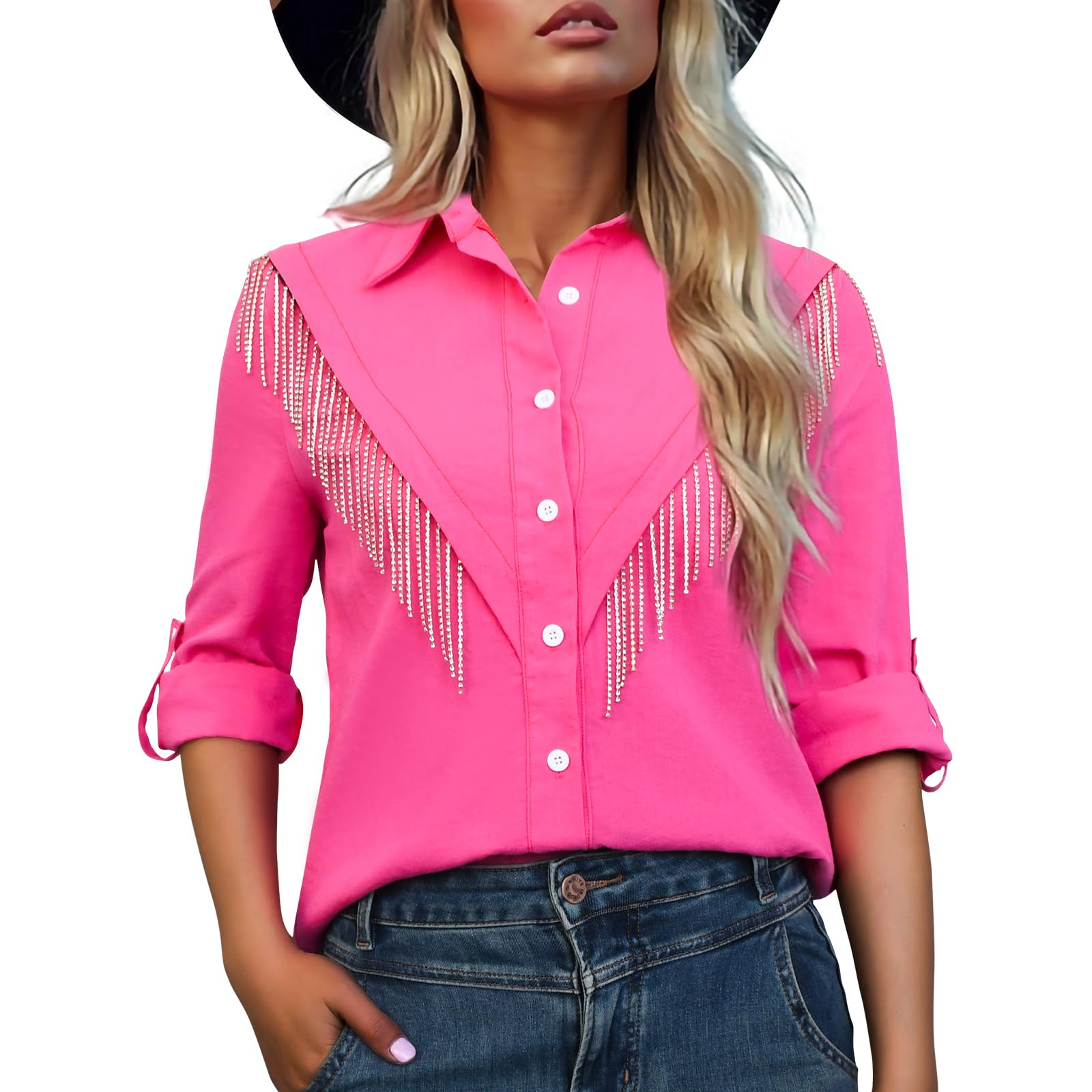 Prebene Womens Rhinestone Fringe Button Down Shirt Concert Nashville Western Cowgirl Outfit Long Sleeves Shirt, Pink, S