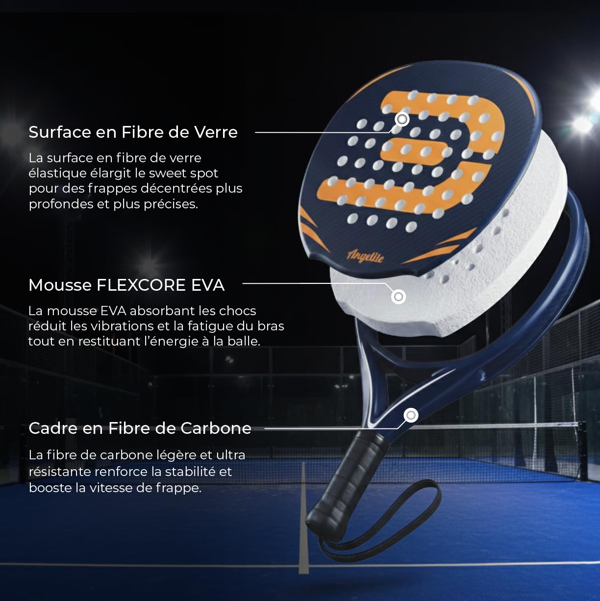 Raquette de Padel Angelite AG1 avec Garantie de 2 Ans | Cadre léger et Robuste en Fibre de Carbone (360 g), Surface en Fibre de Verre et Mousse EVA FlexCore pour Un contrôle Optimal