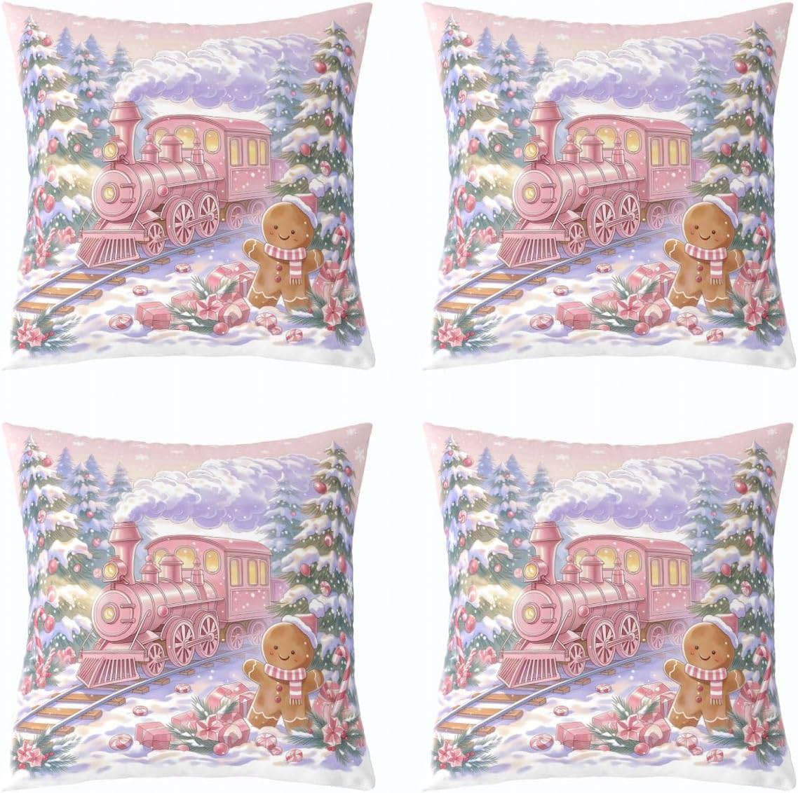 Castle Fairy Kawaii Pink Train Throw Pillow Cover, 4 Pack 18"x18"