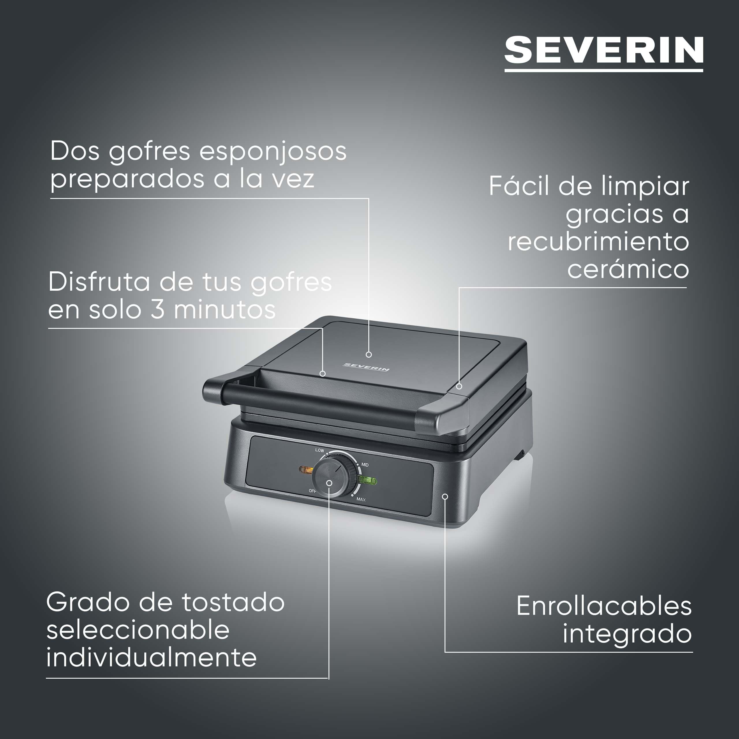 SEVERIN gofrera belga, revestimiento cerámico libre de PFA, con luz indicadora, práctico enrollador para el cable, 1.600 W, negro/acero inoxidable, WA 2130