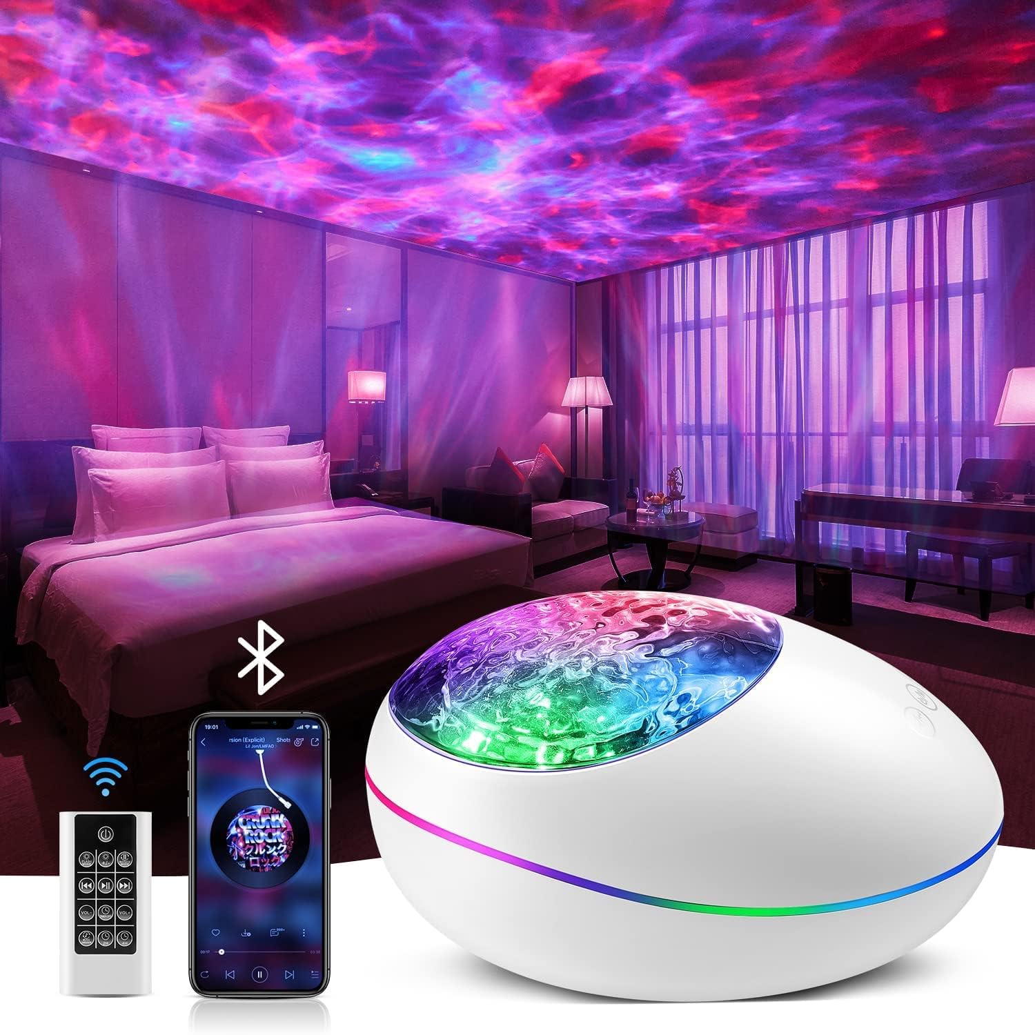 Yagzon Ocean Wave Projector Lamp Night Light with Remote Control and Timer, USB Rechargeable Bluetooth Projector Lamp with 8 Color Modes and 8 Ambient Nature Tunes for Kids Adults Room Party