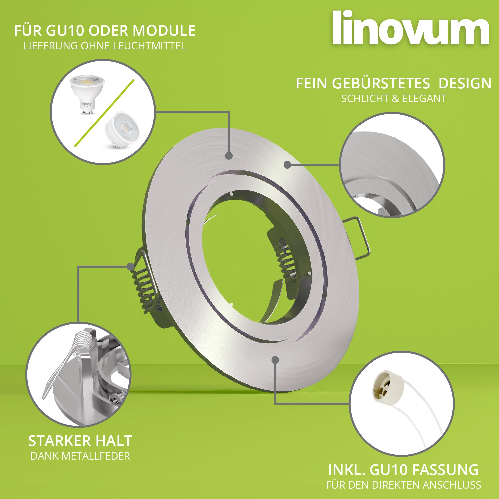 linovum 10x Einbaustrahler Rahmen Set - Einbaurahmen rund Edelstahl Optik gebürstet starr inkl. GU10 Fassung für LED, Halogen