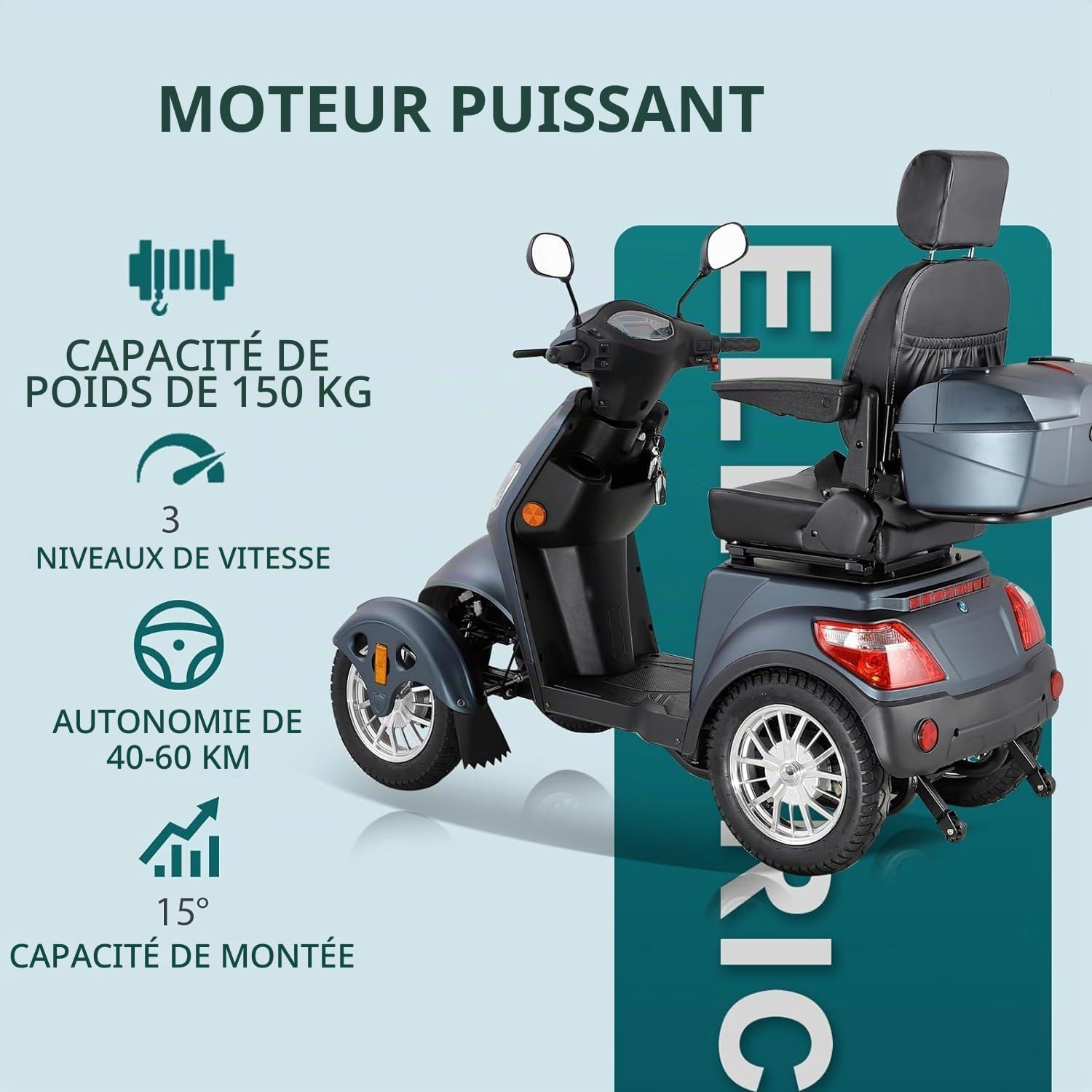 Scooter électrique à 4 roues avec 3 vitesses, grand espace de stockage, tête et accoudoirs réglables et dossier. Convient pour différents terrains avec phares, feux arrière et réflecteurs. Poids