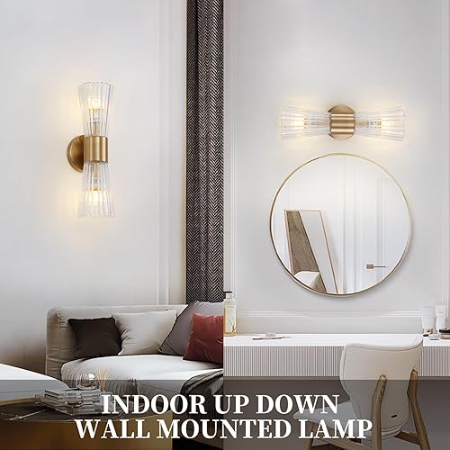 Miniatura 6 de EFINEHOME Lámpara de pared moderna de mediados de siglo con pantalla de cristal  2 luces de tocador doradas para baño, pasillo, dormitorio, sala de