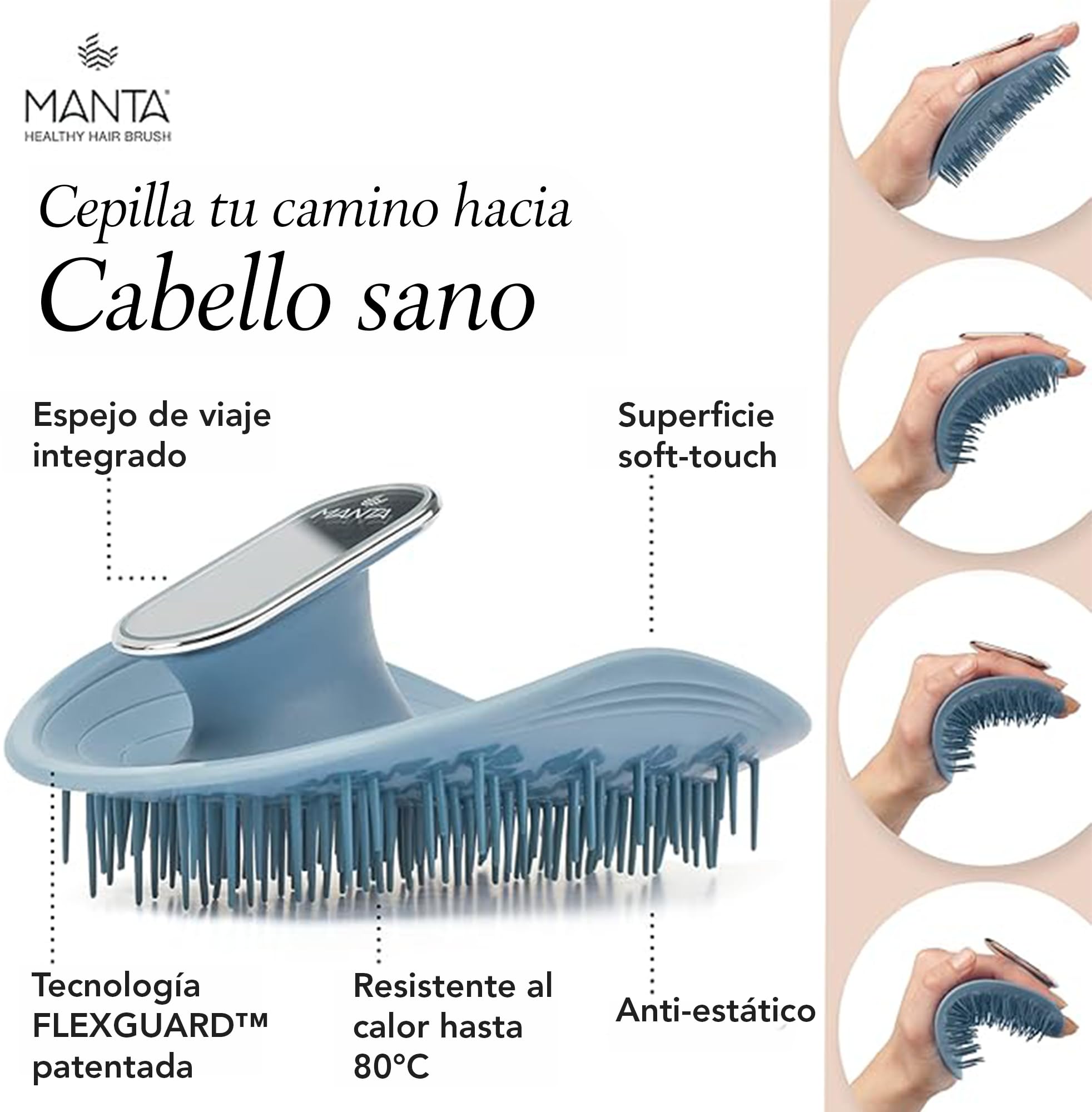 Manta Cepillo con espejo, ideal para bolso, antirroturas, para cabello rizado, grueso, fino, húmedo y cuero cabelludo. Promueve el crecimiento del cabello, azul.