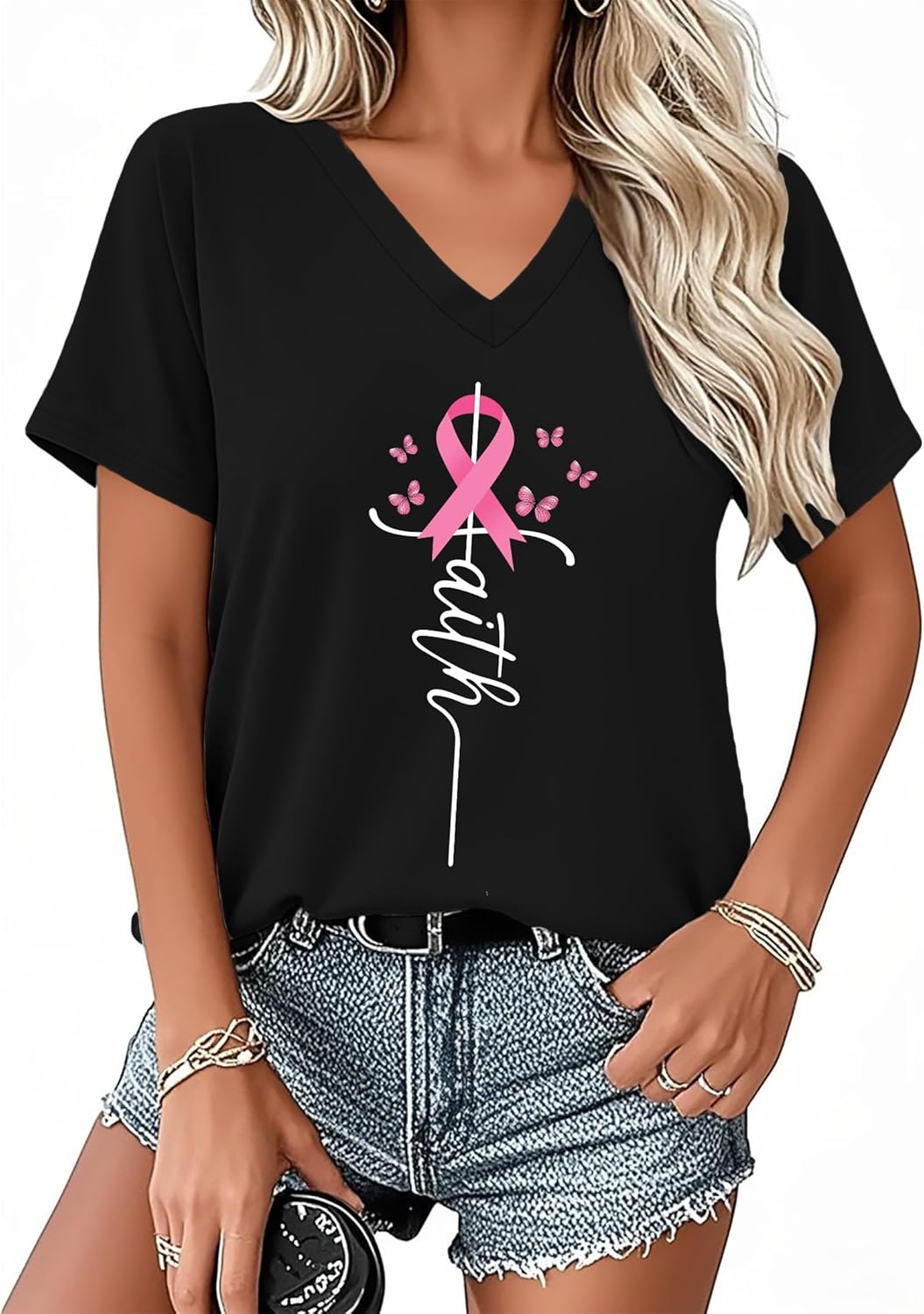 PECHAR Breast Cancer Shirts for Women: Pink Ribbon Breast Cancer Awareness T-Shirts Faith Inspirational Vneck Blouse Tops