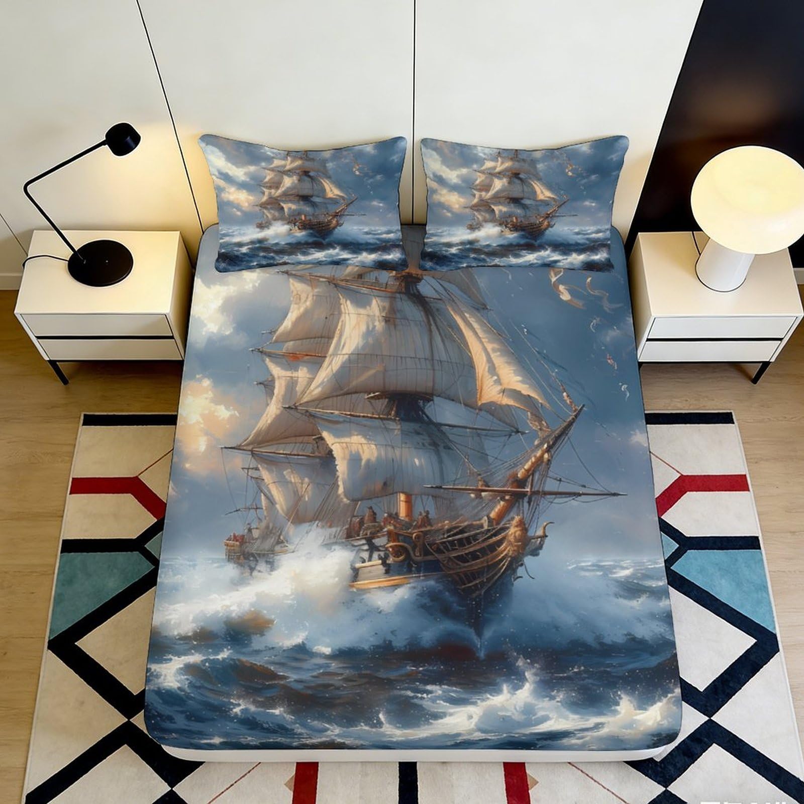 3D Printed Vintage Sailing Ship Fitted Sheet Microfiber Soft Breathable Ocean Waves Bed Cover for Bedroom Decor 90x200x25cm