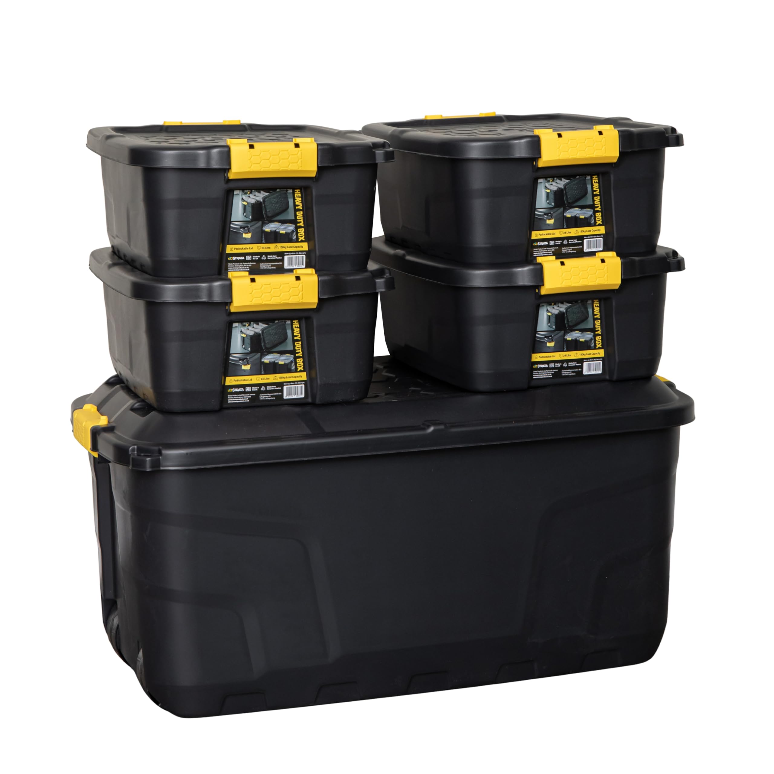 Samuel ALEXANDER 1 x 145L & 4 x 24L Heavy Duty Lockable & Stackable Storage Tub Chest with Clips