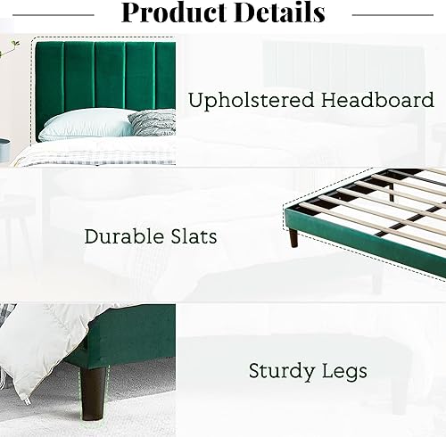 Miniatura 3 de Dolonm Cama de plataforma tamaño Queen con cabecera tapizada y soporte de listones, tela de terciopelo, base de colchón resistente, no requiere