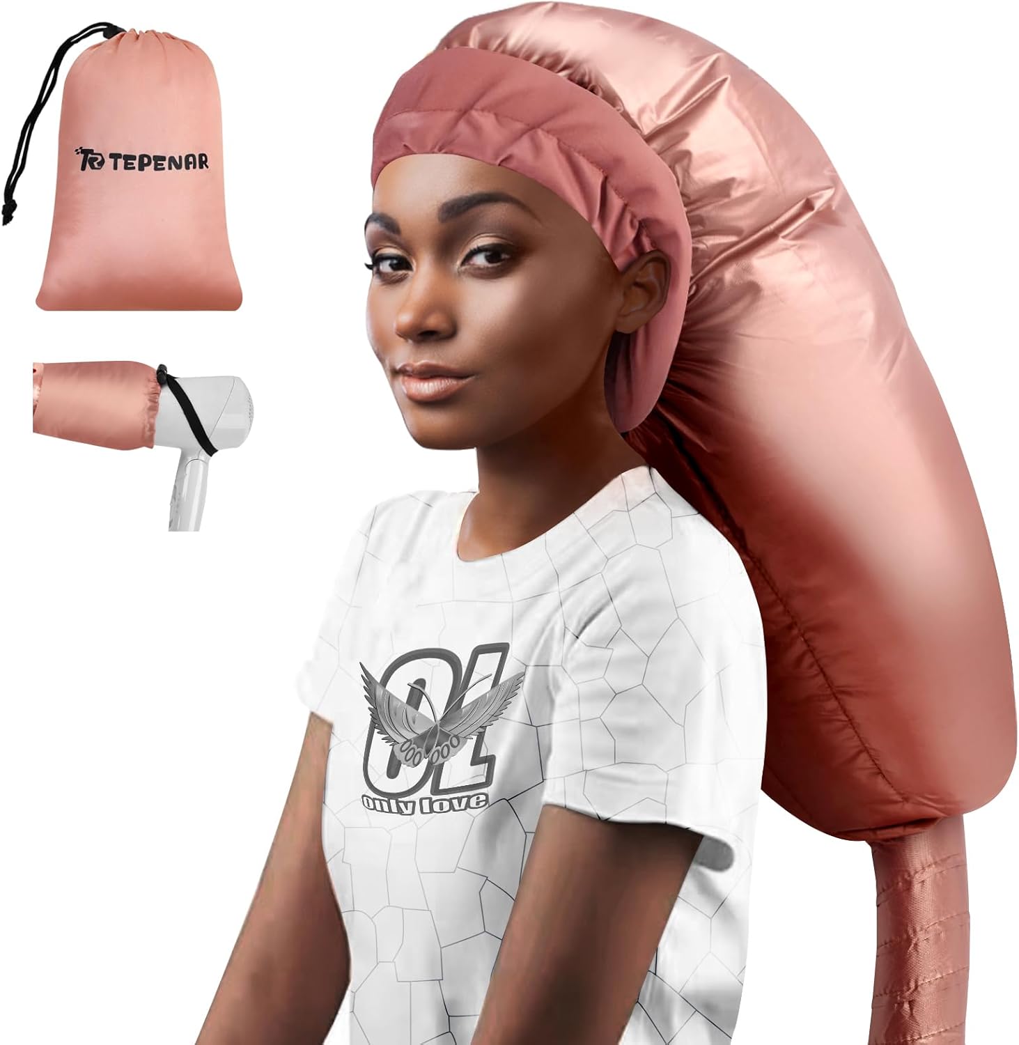 TEPENAR Bonnet Hair Dryer Attachment: Upgraded Extra Large Adjustable Hair Dryer Cap – Easy to Use for Natural Curly Textured Hair Care Styling Fast Drying – Rose Gold