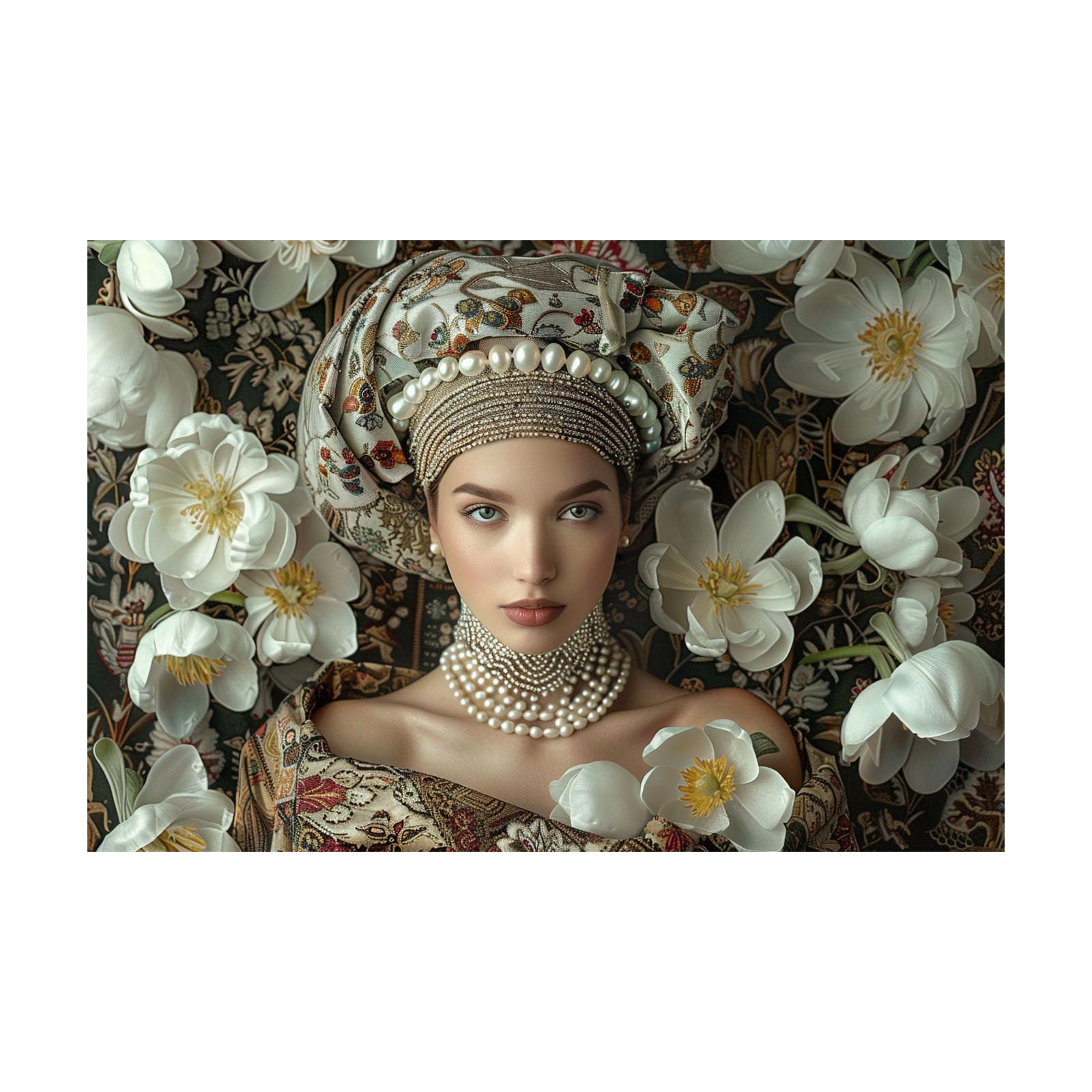 TERUEA Beautiful Girl Animals Poster Canvas Art Wall Decor Woman With Floral Turban And Pearl Necklace Among White Flowers Picture Prints for Girls Room Bedroom Wall Decor(White)-20x30cm Unframed