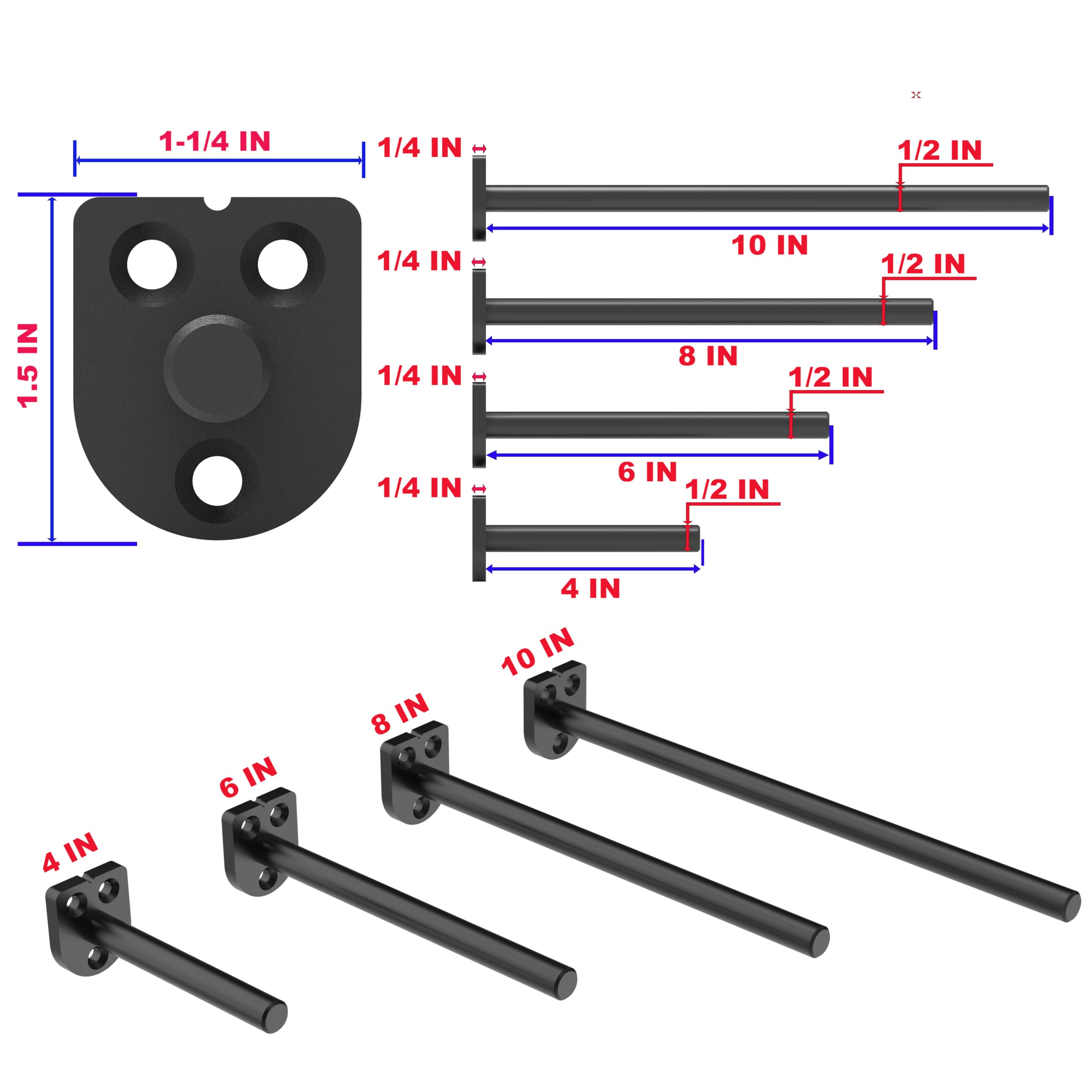 Schwebende Regalhalterung (0,6 cm dick, 8 Stück, 25,4 cm schwarz), solide Stahlstütze, versteckte robuste Regalhalterung, unsichtbares und blindes Design für Holzregale, geeignet für Küche,
