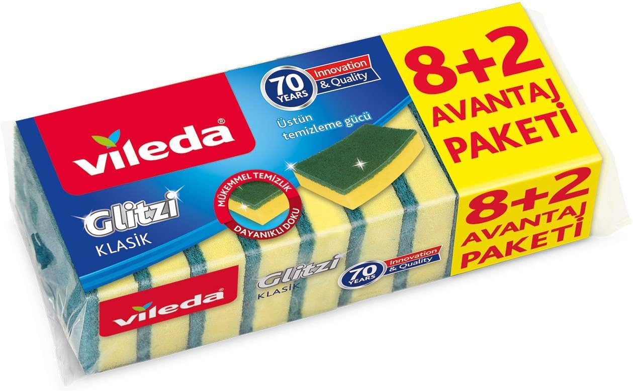 Vileda 161919 Düz Hijyenik Bulaşık Süngeri, 8+2'li Promosyon Paket, Yeşil
