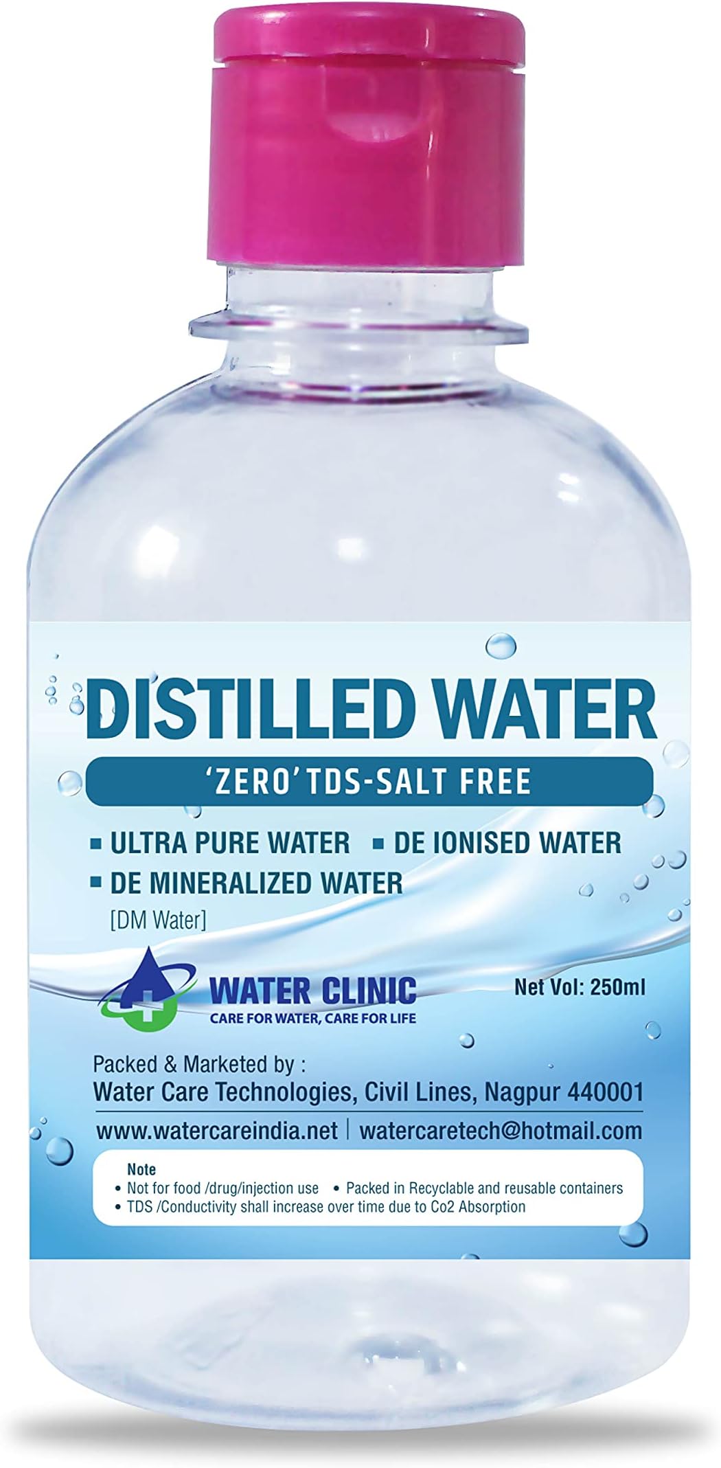 WATER CLINIC Di-ionized Ultra Pure Distilled Water for Battery/Inverter/Medical/Chemical Equipment and Cosmetic Formulations - with Flip Cap/250ml Bottle