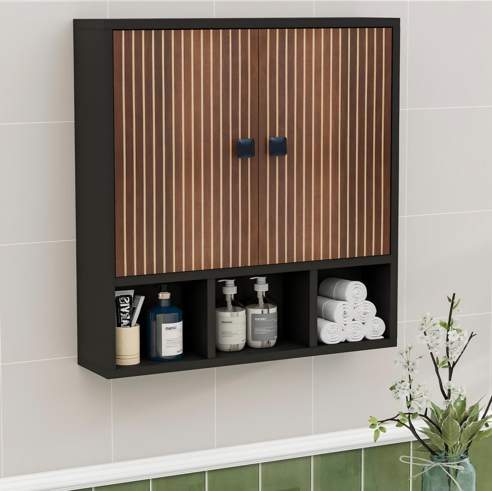 Hängeschrank bad, Badezimmerschrank hängend,Medizinschrank,Medikamentenschrank,Zweitüriger Holz schrank badezimmer,Badschrank mit verstellbaren Böden und offenen Fächern,13 x 56 x 58 cm,Schwarz