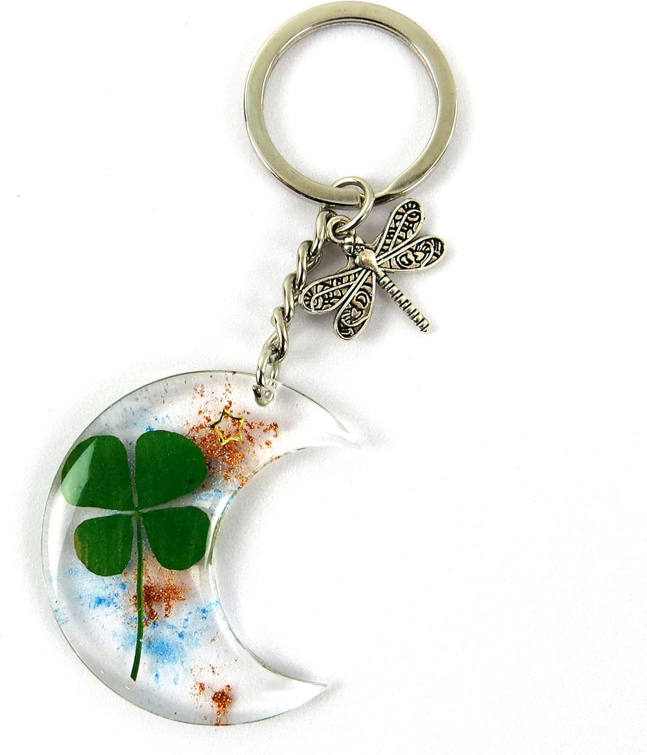 BAQDOVAVN リアルラッキーグリーン 4つ葉のクローバー キーリング 4つ葉のクローバー キー