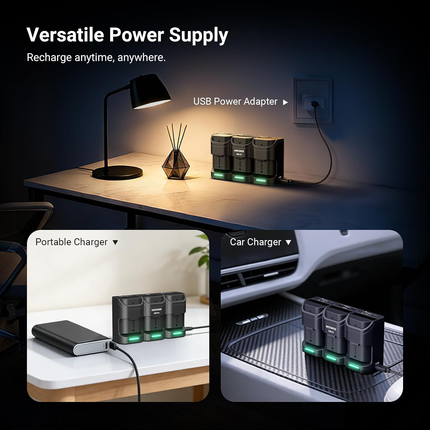 NEEWER BASICS 3 Channel USB Camera Battery Charger for LP-E6 LP-E6N LP-E6NH LP-E6P, 36W PD Fast Charging Fully Charges 3 Batteries in 2h, Compatible with Canon EOS R6 III R5 II R6II R5 R6 5D IV, NW-P3