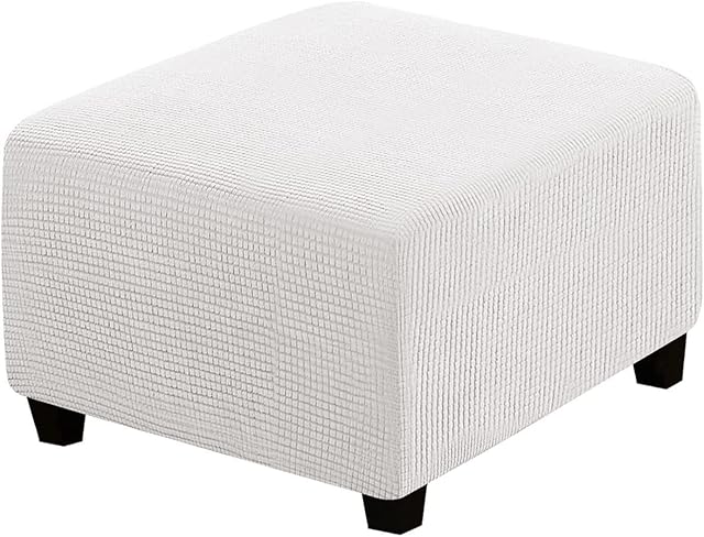 qiden Square Footstool Cover Stretch Ottoman Cover Plush, 10% Thicker Large Stretch Pouffe Cover Anti-Slip Foot Stool Jacquard Slipcovers With Elastic Bottom, Machine Washable-Ivory White