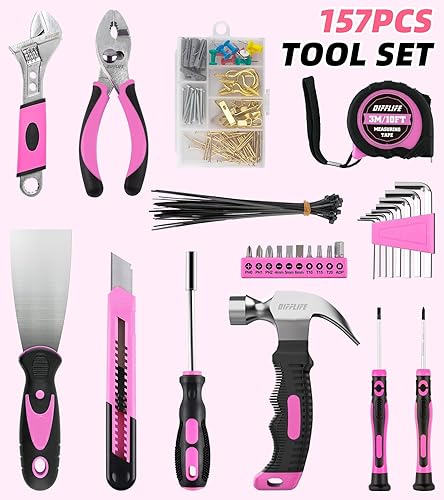Miniatura 2 de Juego de herramientas rosa de 157 piezas para mujer, kit de herramientas de reparación para el hogar con bolsa de herramientas de almacenamiento