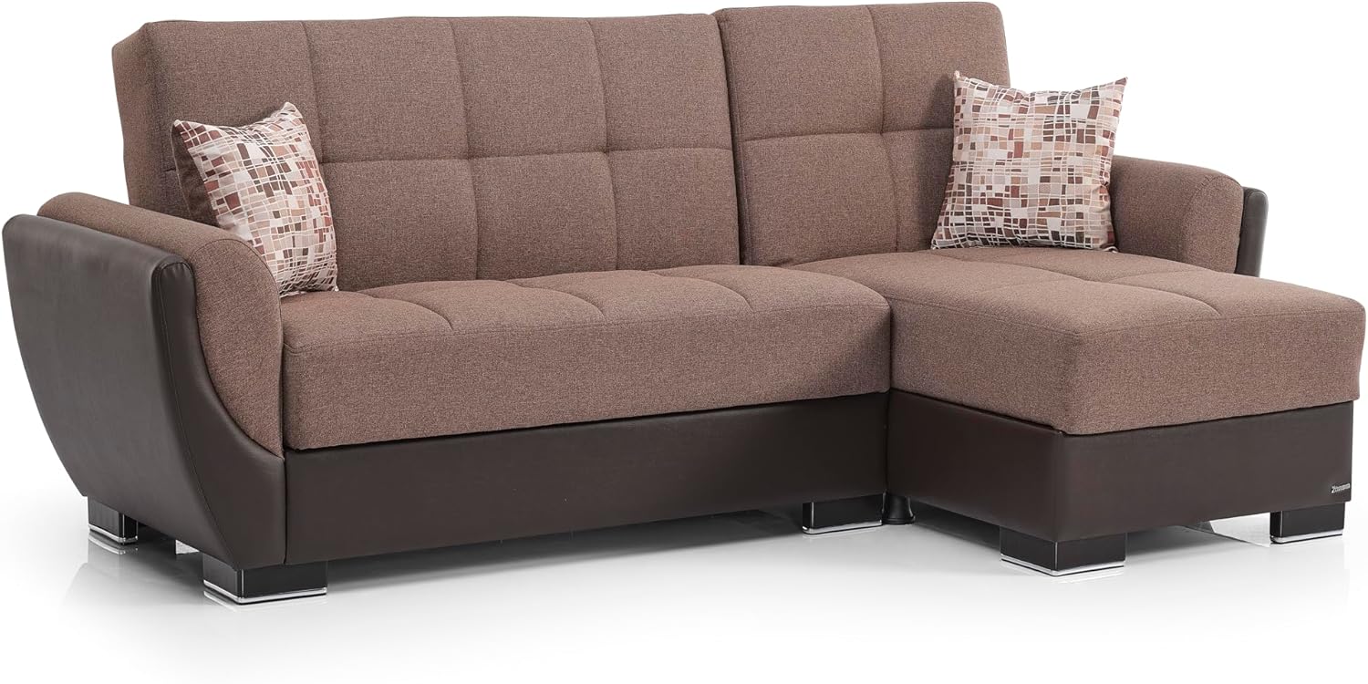 Ottomanson Convertible Chaise Lounge Sleeper with Hidden Storage & Click-Clack Sit-to-Sleep Conversion – Rounded Arm, Firm Support Chaise Sofa Bed for Living Room, Apartment & Guest Room, Brown