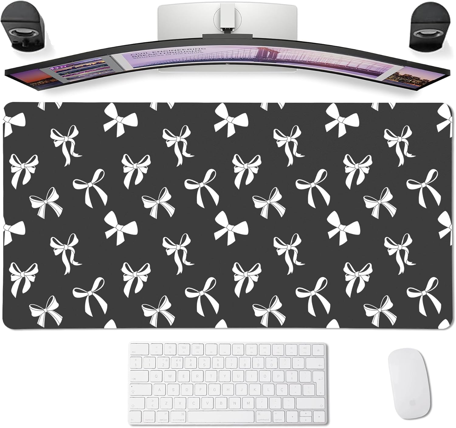 Idocolors Minimalist White Bow Desk Mat, Black Extended Gaming Keyboard Mouse Pad, Large Cute Kawaii Women Office Desk Cover Mat Protector 27.6"x13.8"