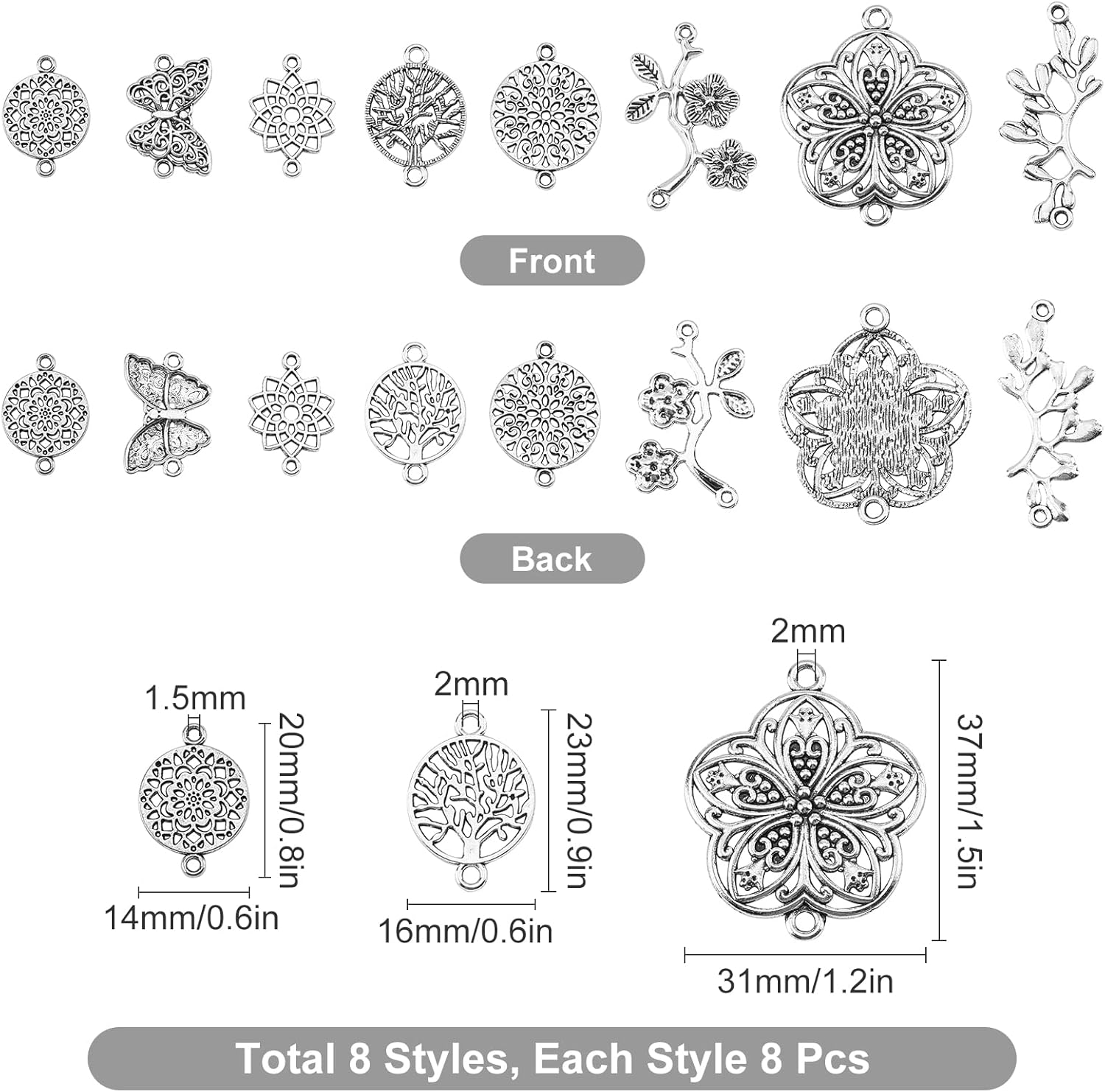 SUNNYCLUE 1 Box 64pcs 8 Styles Butterfly Tree of Life Connector Charms Findings Chakra Flower Craft Supplies for DIY Jewelry Bracelet Necklace Earring Making Crafting Accessories, Antique Silver - Image 2