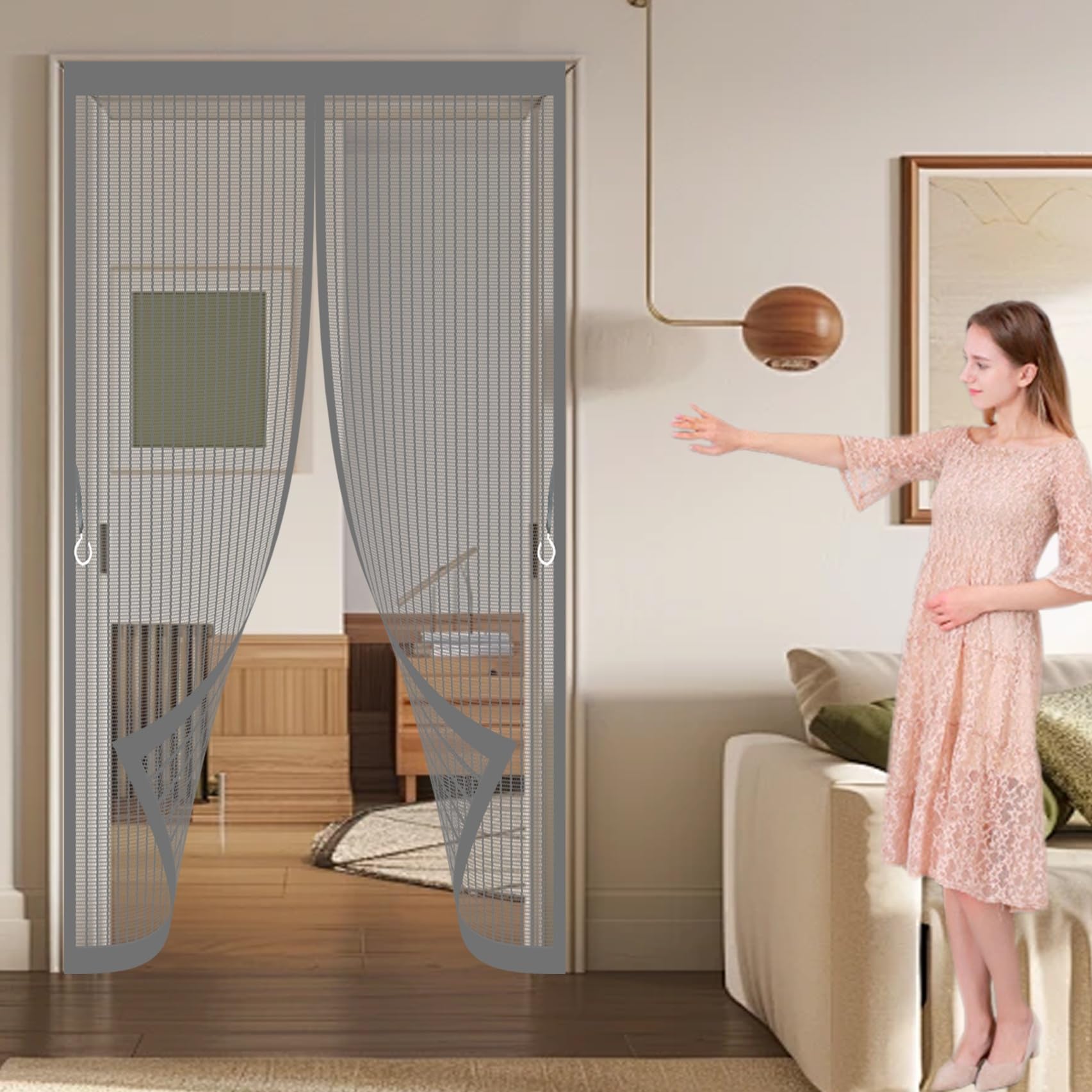 Xueqxue Grey Door Fly Screen Curtain 170 X 216 Cm Automatically Close, No Gap, Easy To Install Without Drilling, Keep Bugs Out Lets Fresh Air In Flyscreen French Doors For Patio Doors Bedroom,