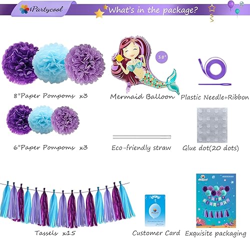 Miniatura 3 de Decoraciones de fiesta de cumpleaños de sirena para niñas y mujeres, 60 piezas de suministros de fiesta de sirena con pancarta de feliz cumpleaños,