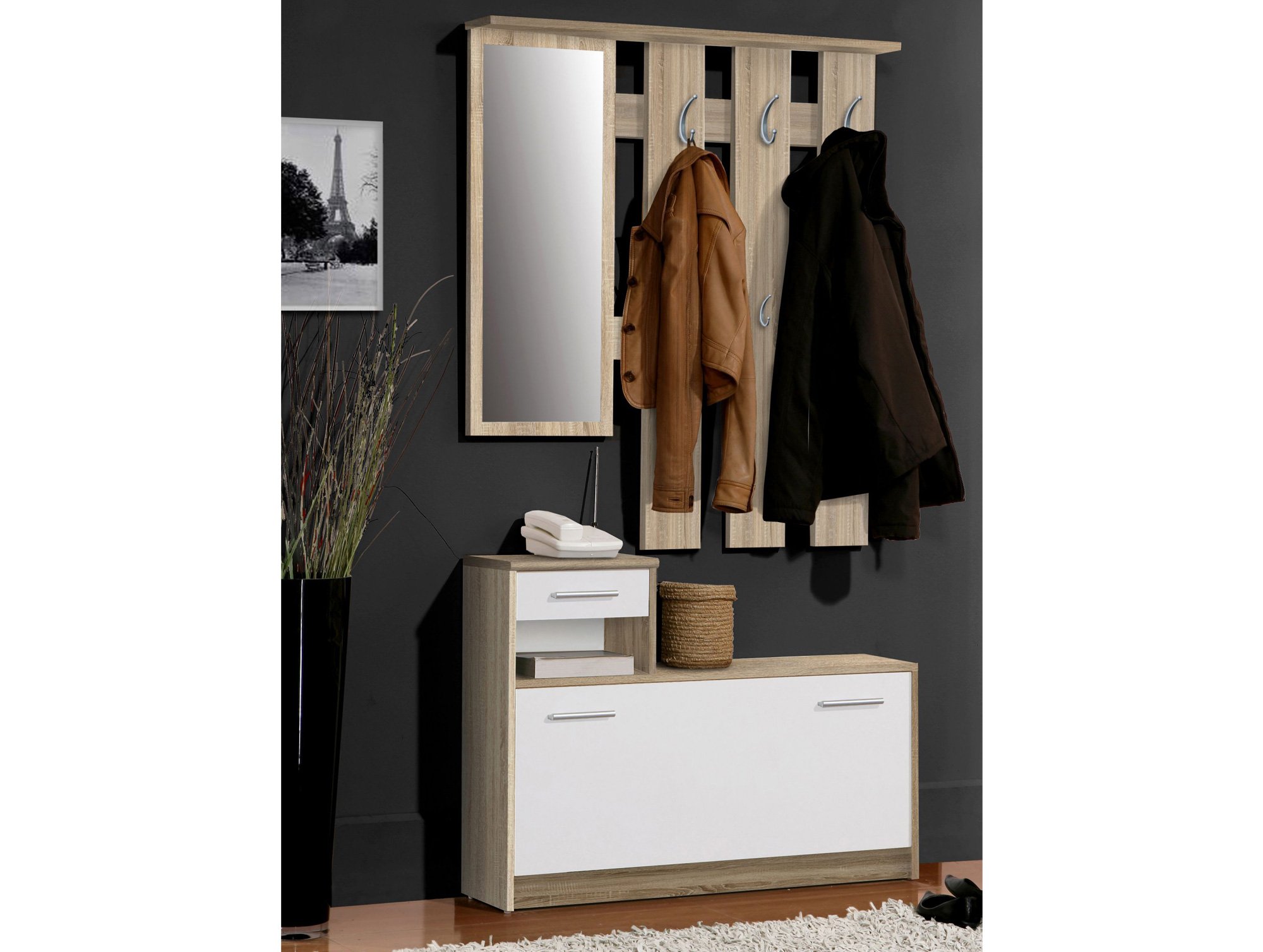 FORTE Foxi Kompaktgarderobe inklusive Spiegel, Holzwerkstoff, Sonoma Eiche Dekor, 97.5 x 25 x 180 cm