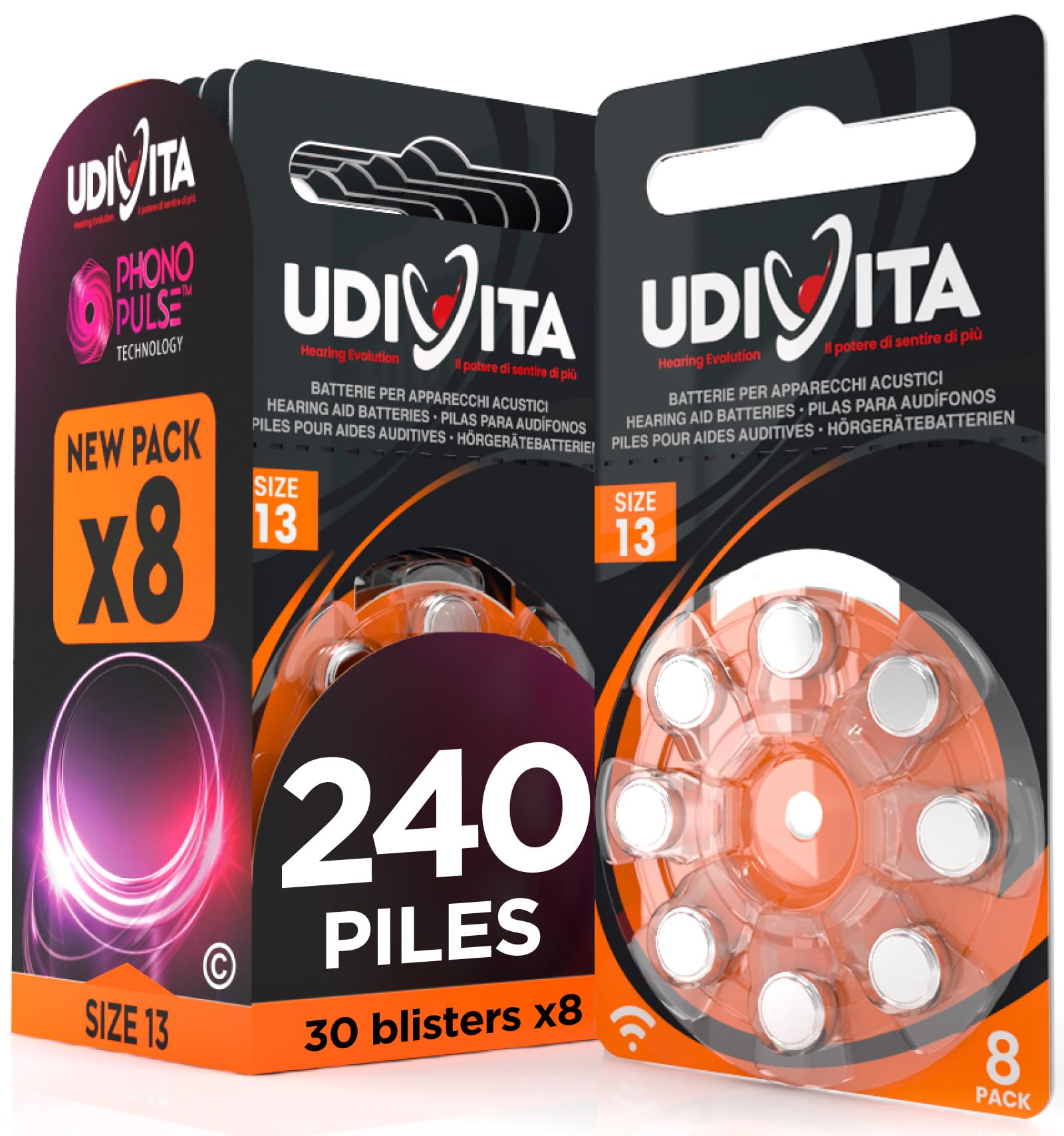 240 Piles Auditives Taille 13 Udivita PR48 (Orange) Zinc-Air Hearing Evolution avec Technologie Phono Pulse - 30 Blisters de 8 Piles