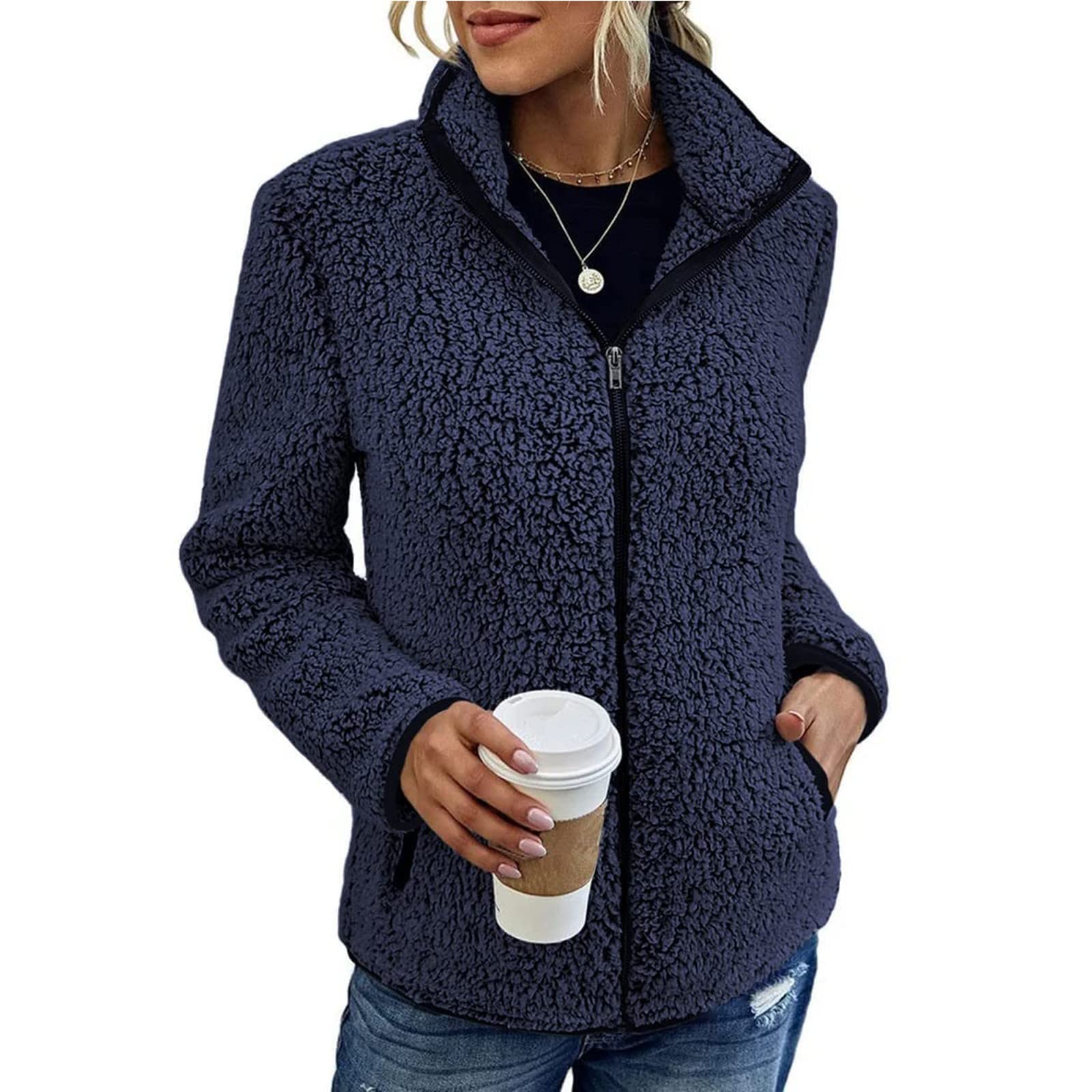 Generisch Fleecejacke Damen Warm Winterjacke Flauschig Wintermantel Casual