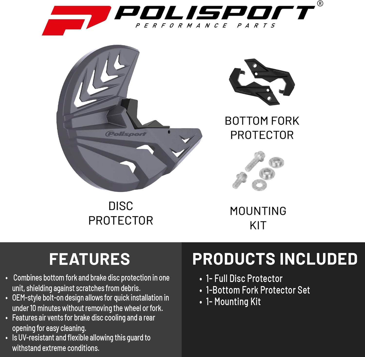 Polisport Motocross Motorcycles (MX) Disc & Bottom Fork Protector for Rieju MR 250/300 (2021-2023) and GasGas EC 250/300 (2018-2020) - Dirt Bikes - Durable High-Impact Guard - Grey