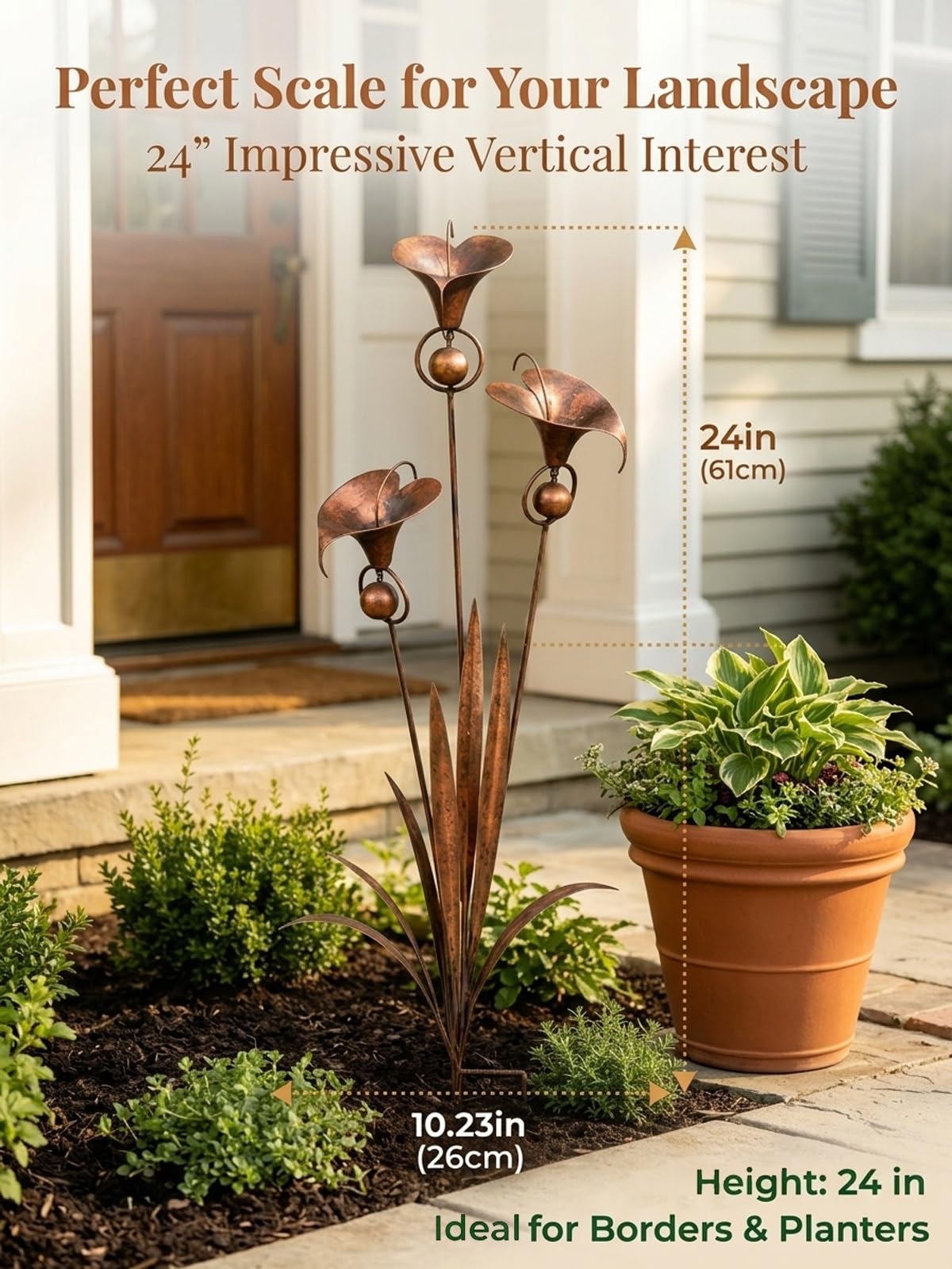 Calla-Lilien-Gartenstecker aus Metall, handgefertigt, 61 cm, groß, geflammt, Kupfer, Blumenskulptur mit beruhigenden Glocken, skurrile Outdoor-Hofkunst, rustikales Windspiel, Ornament, Geschenk (2
