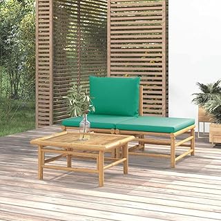 3-Piece Garden Lounge Set with Natural Bamboo Frame and Green Cushions, ...
