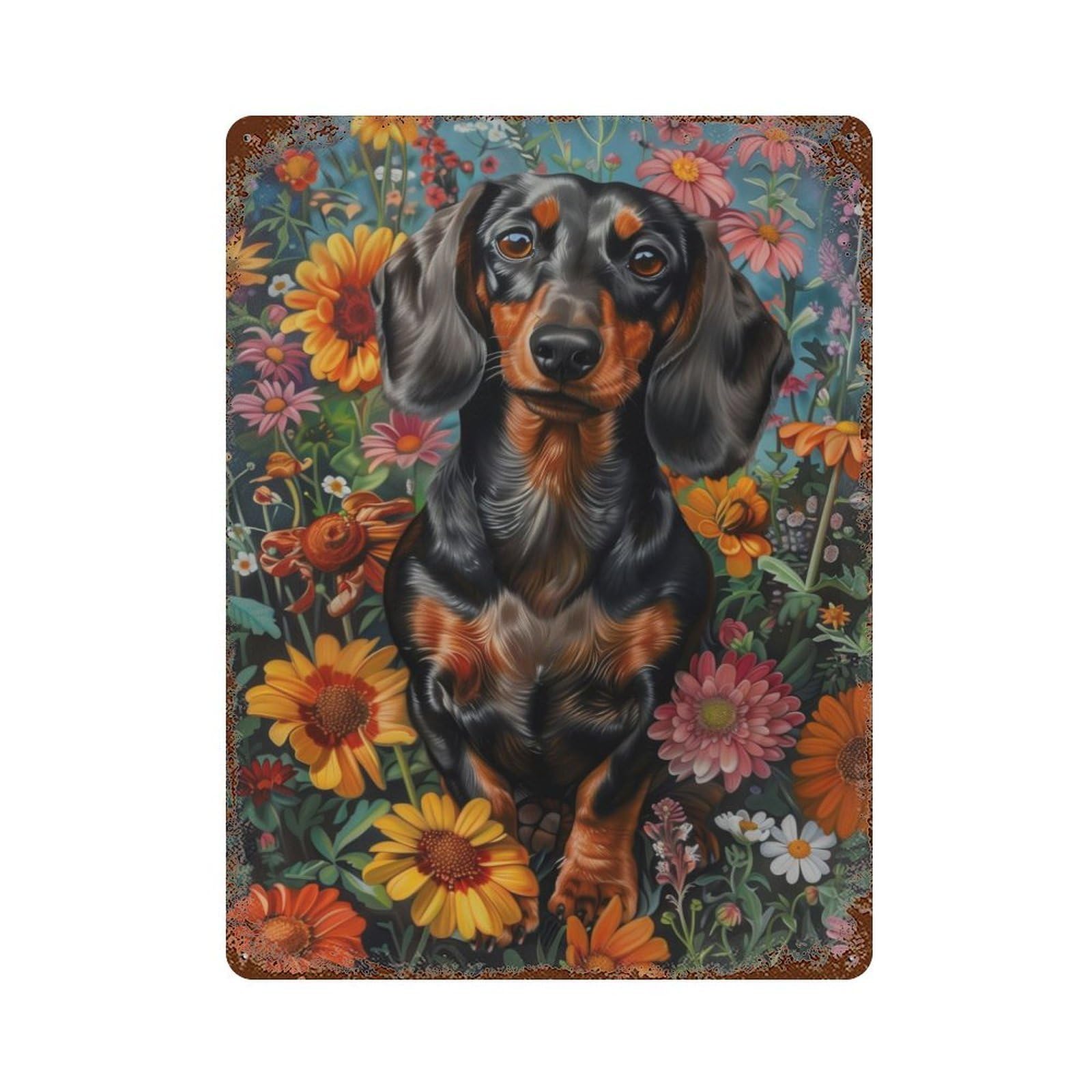 Floral Dachshund Portrait Aged Metal Wall Plaque 15.7"x11.8", Ideal for Garage, Bar And Workshop Decor